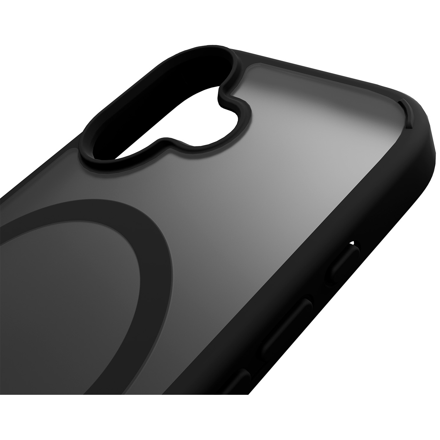 Coque de téléphone noire avec dos transparent et anneau magnétique.
