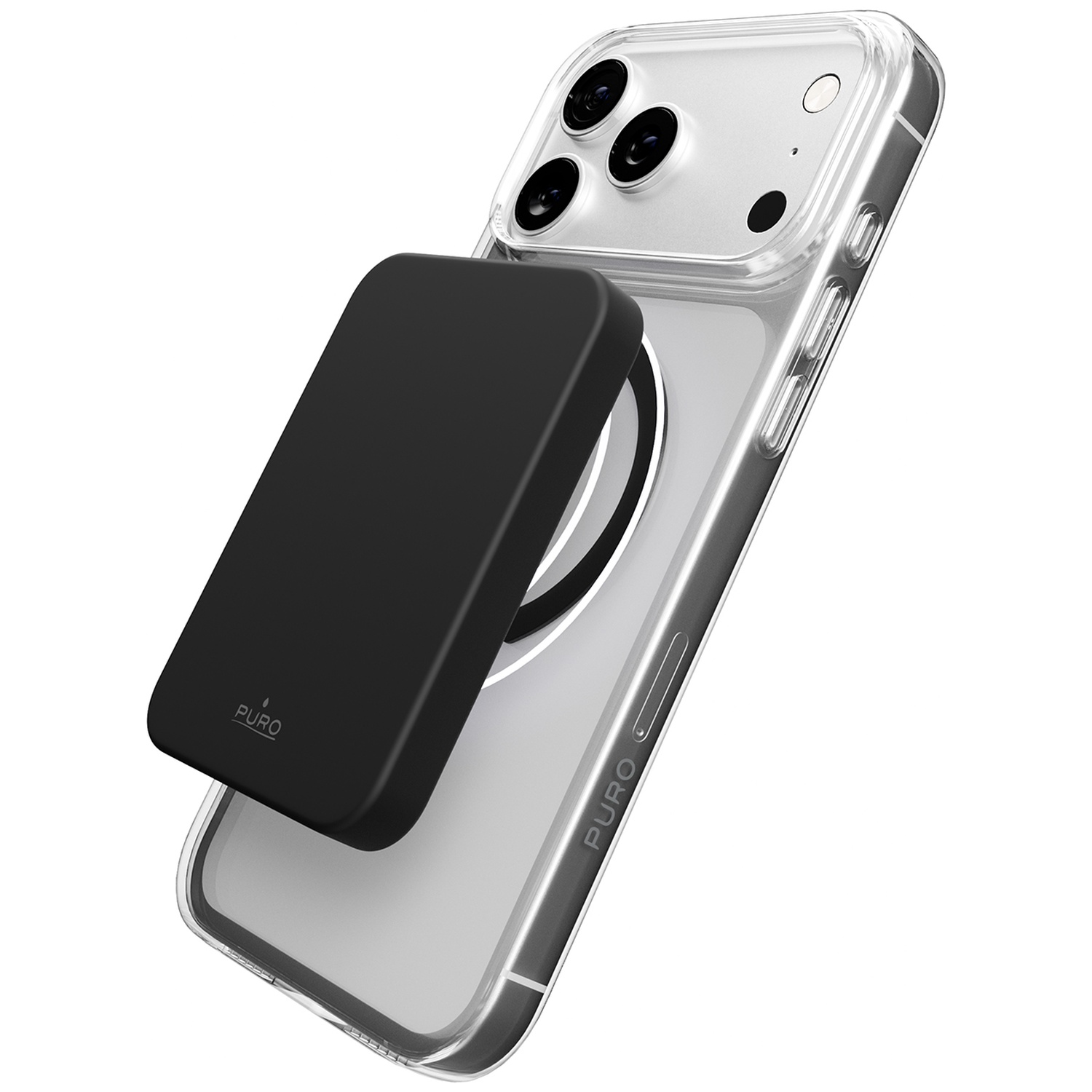 Un chargeur MagSafe noir est attaché à un étui iPhone transparent.