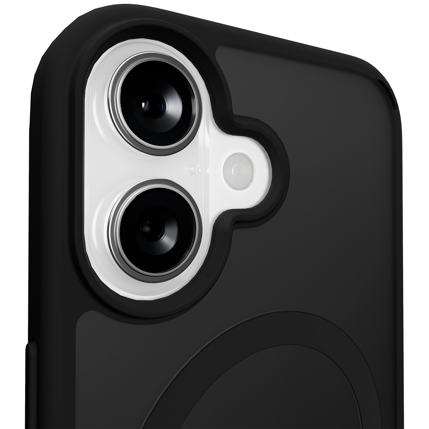 Gros plan d'une coque de téléphone noire avec double appareil photo et flash.