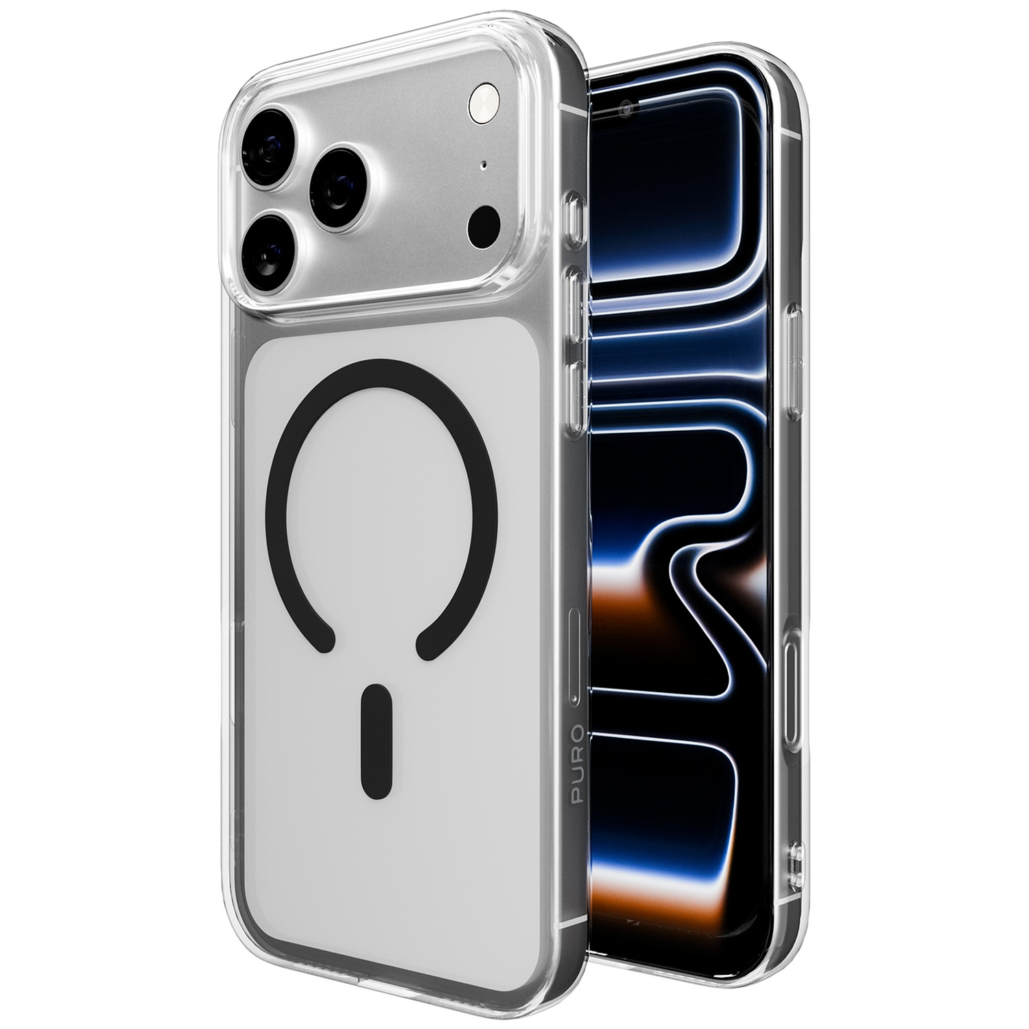Coque de téléphone transparente avec cercle MagSafe au dos et écran moderne.