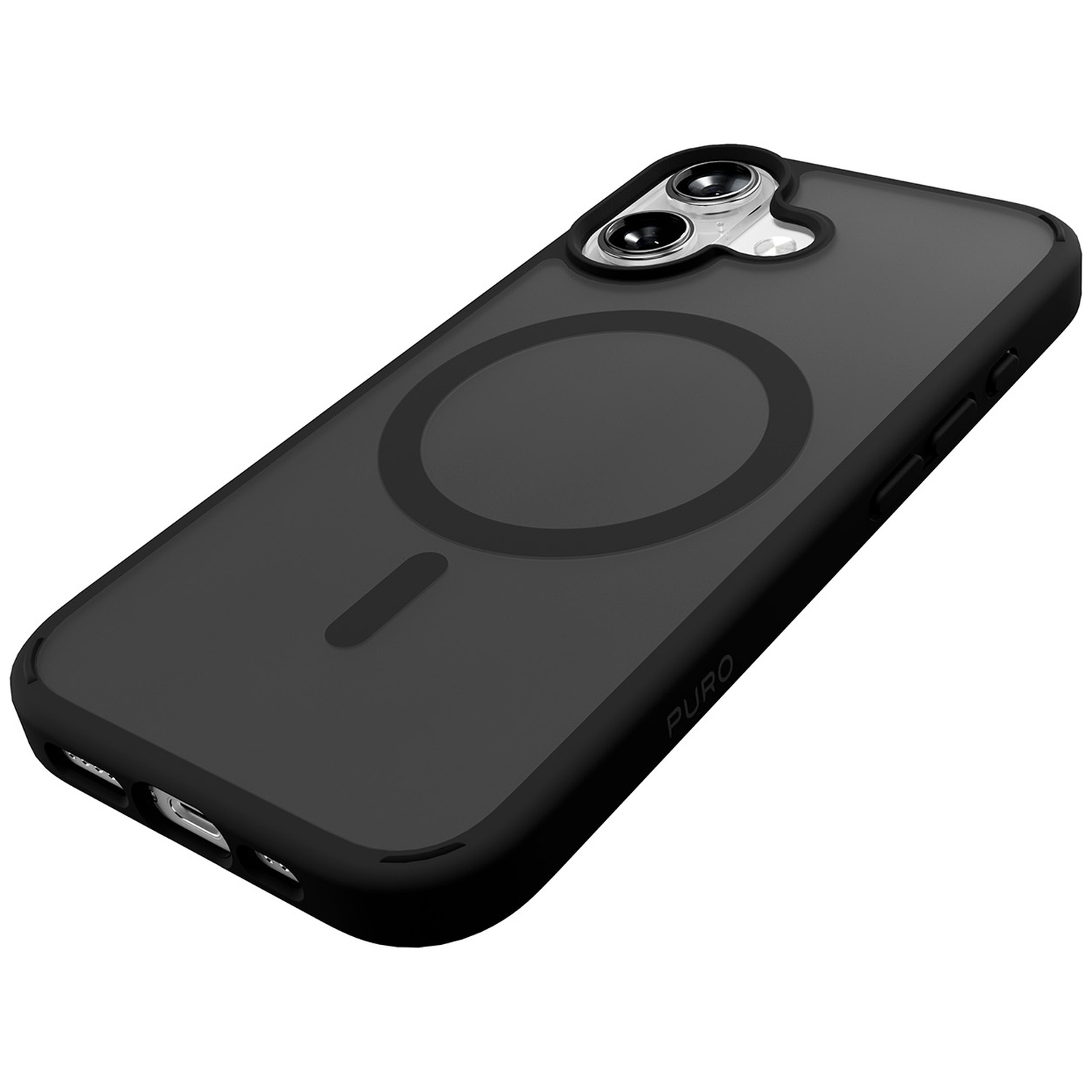 Coque de téléphone noire avec cercle MagSafe et lentilles.