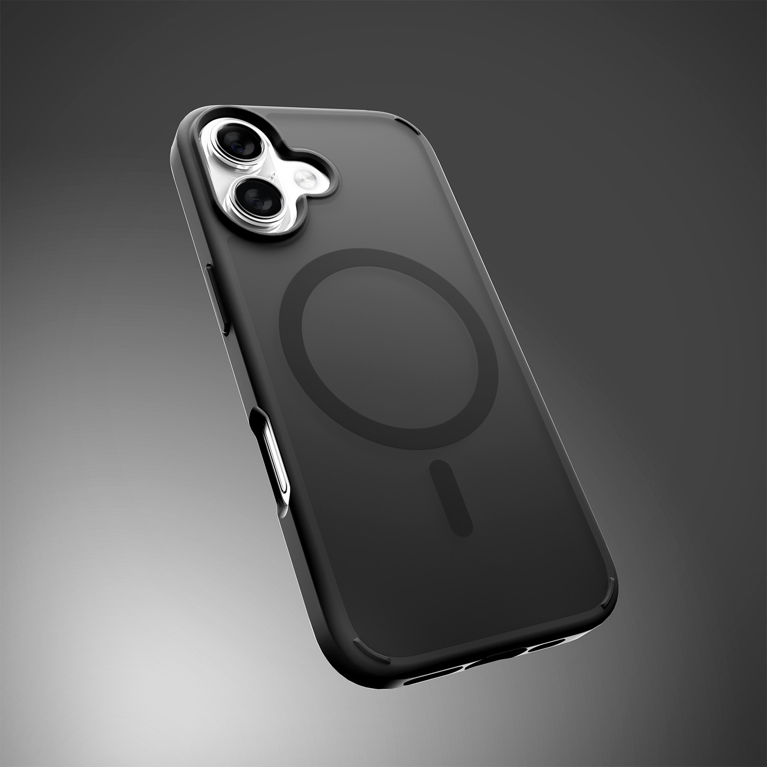 Coque de téléphone noire avec double appareil photo et anneau magnétique sur fond gris.