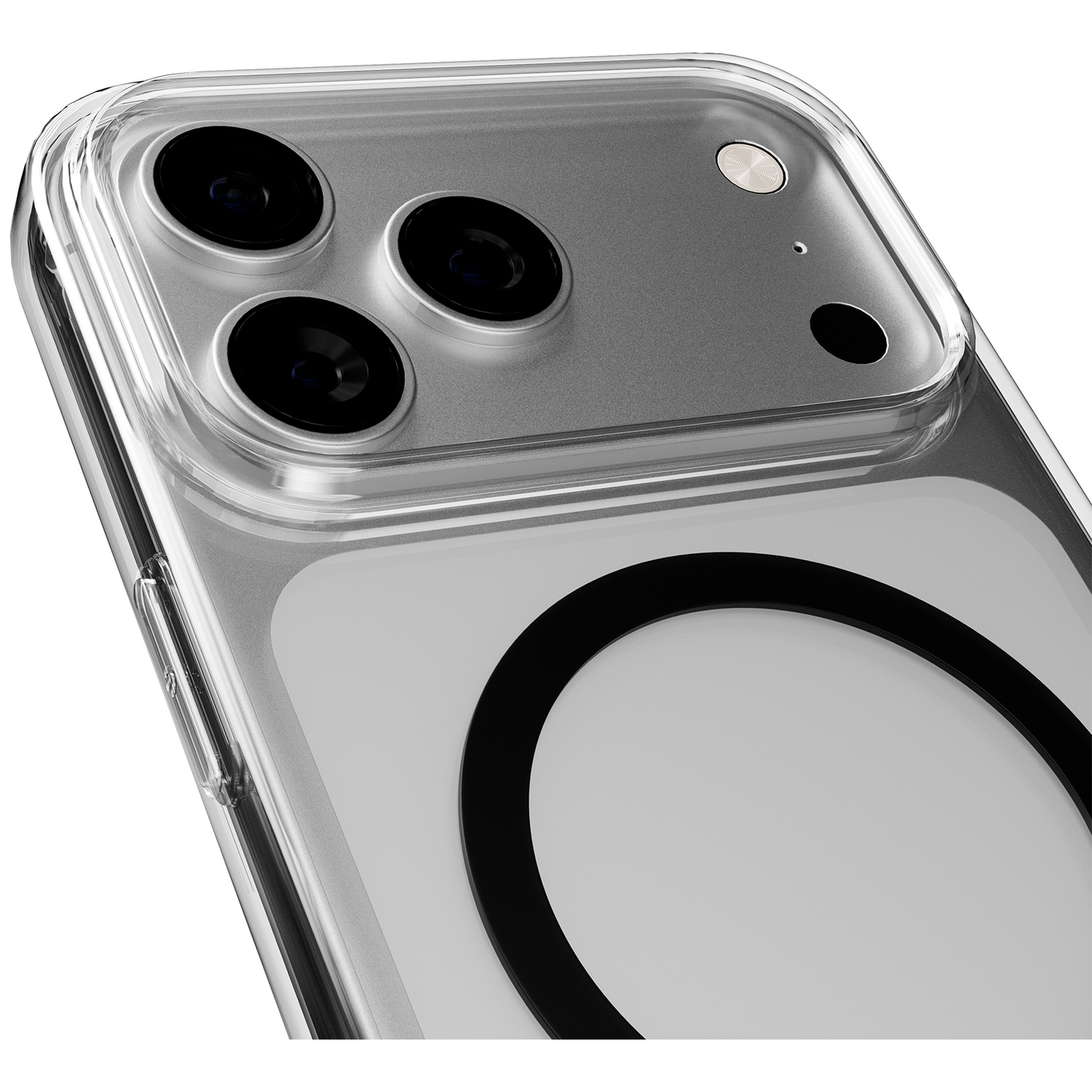 Coque transparente avec trois objectifs photo et un cercle noir sur fond blanc.