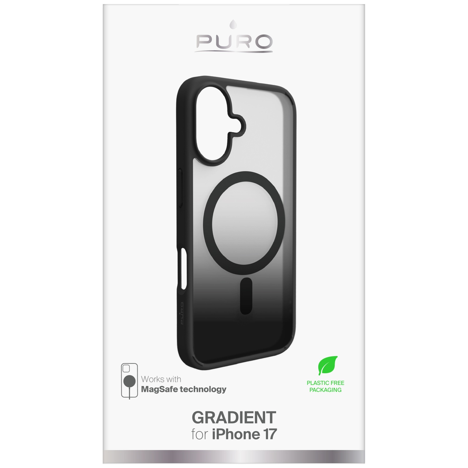 Coque noire iPhone 17 avec MagSafe. Design dégradé. Emballage sans plastique.