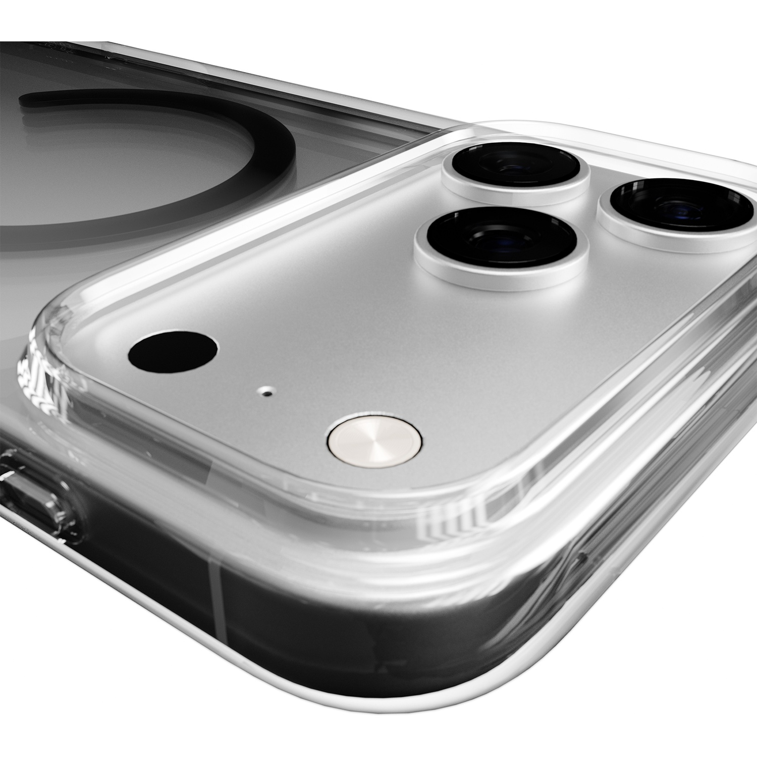 Gros plan d'une coque de téléphone transparente montrant trois objectifs et un anneau magnétique.