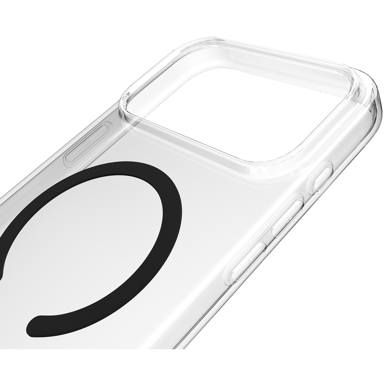 Coque de téléphone transparente avec détail de cercle noir.