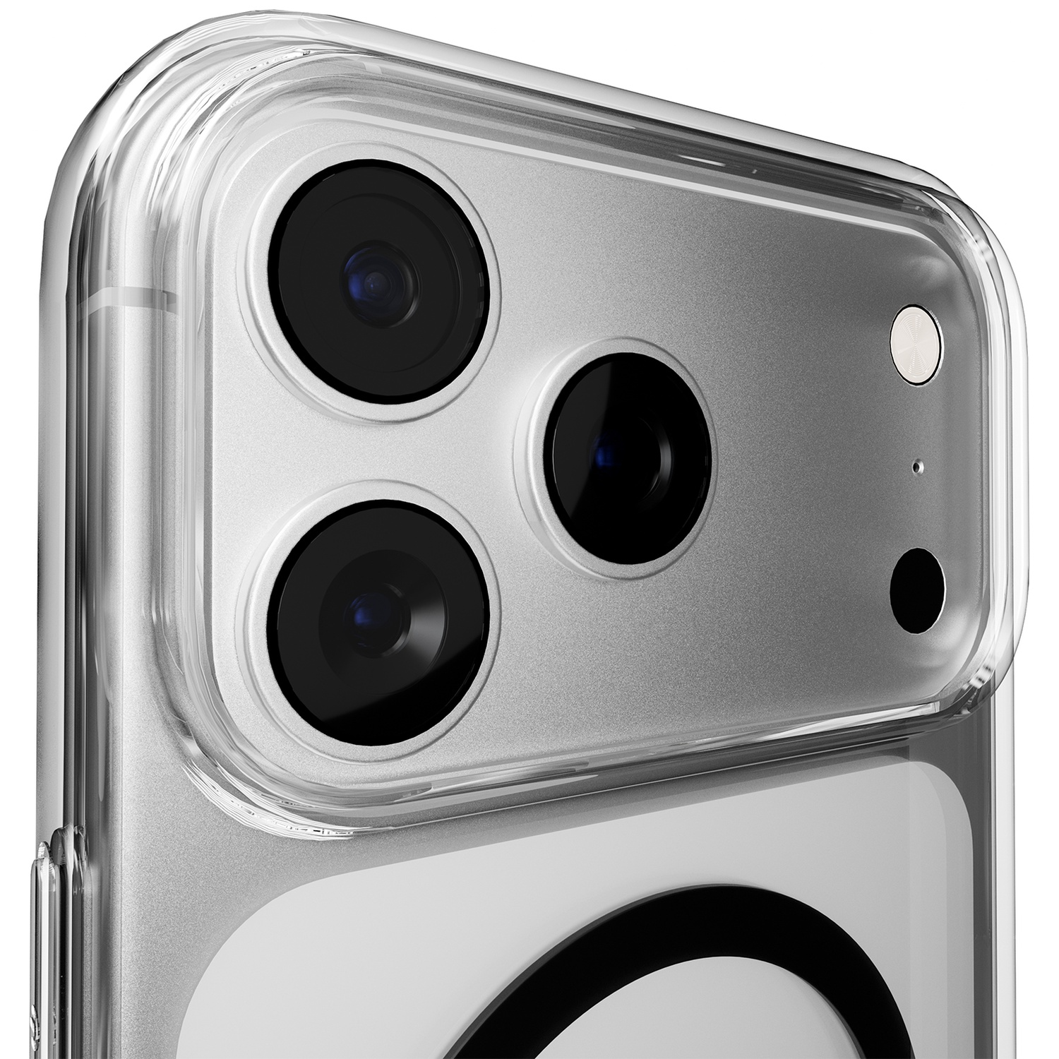 Gros plan d'une coque de téléphone transparente montrant trois caméras, un flash et un micro.
