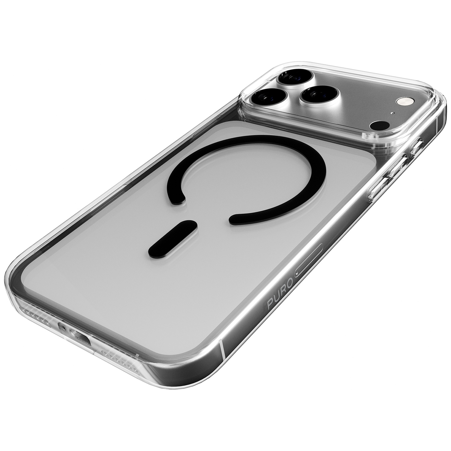 Coque de téléphone transparente avec anneau magnétique noir et logo PURO.
