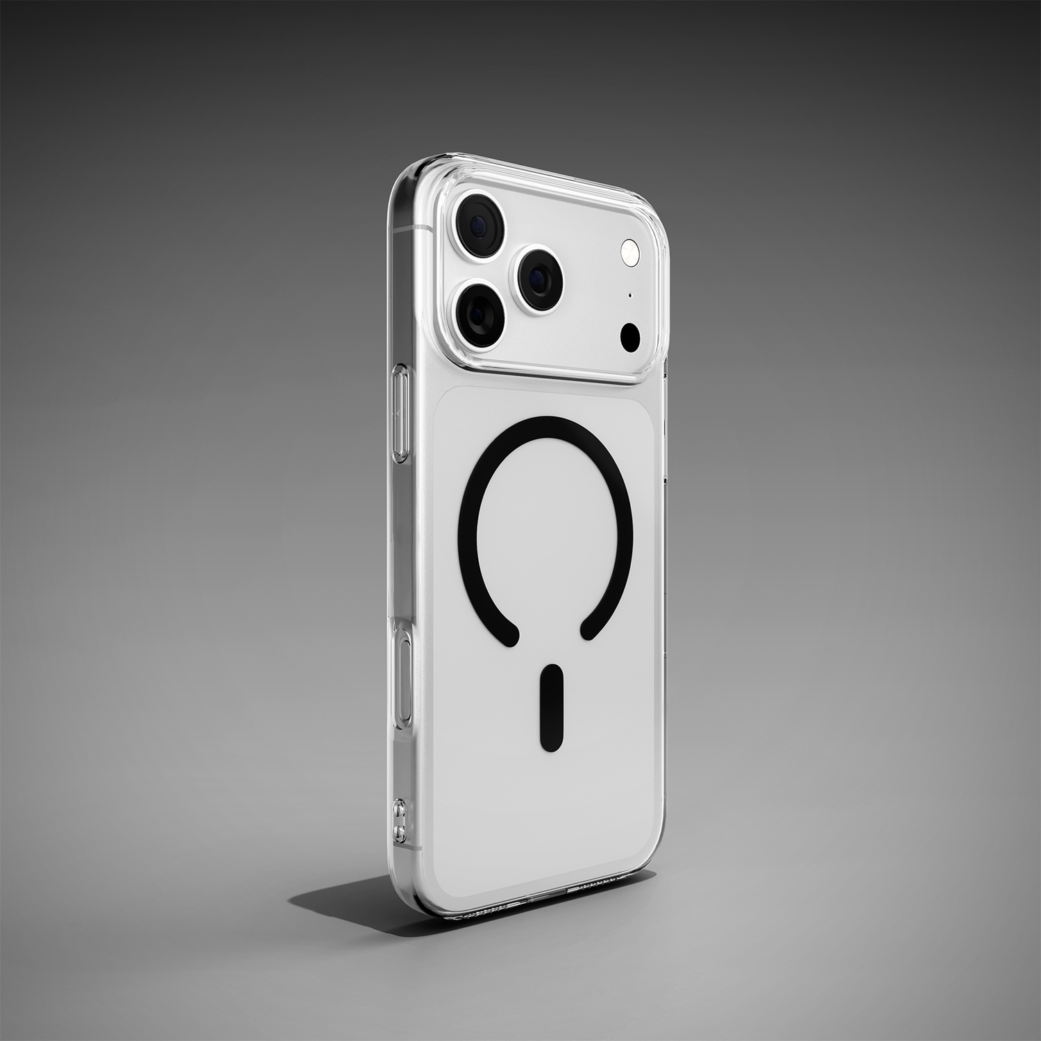 Coque de téléphone transparente avec anneau MagSafe et objectifs de caméra sur fond gris.