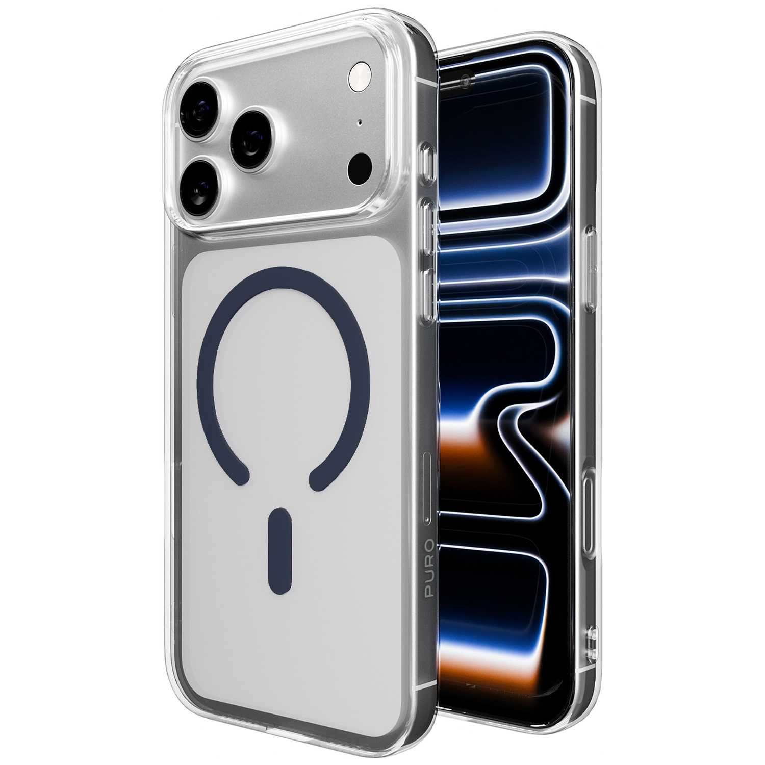 Coque de téléphone transparente avec cercle magnétique bleu et trois caméras.
