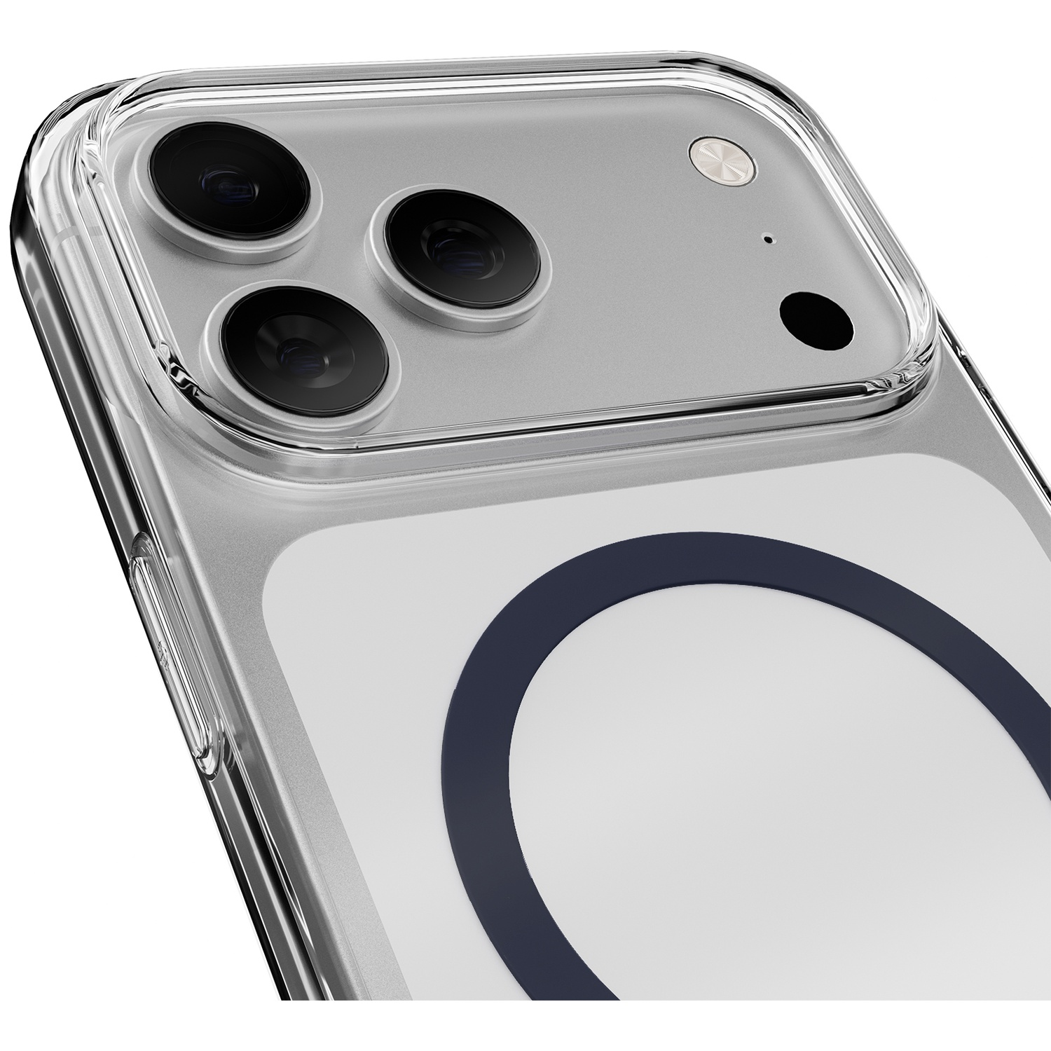 Étui de téléphone transparent avec trois appareils photo et un cercle sombre.
