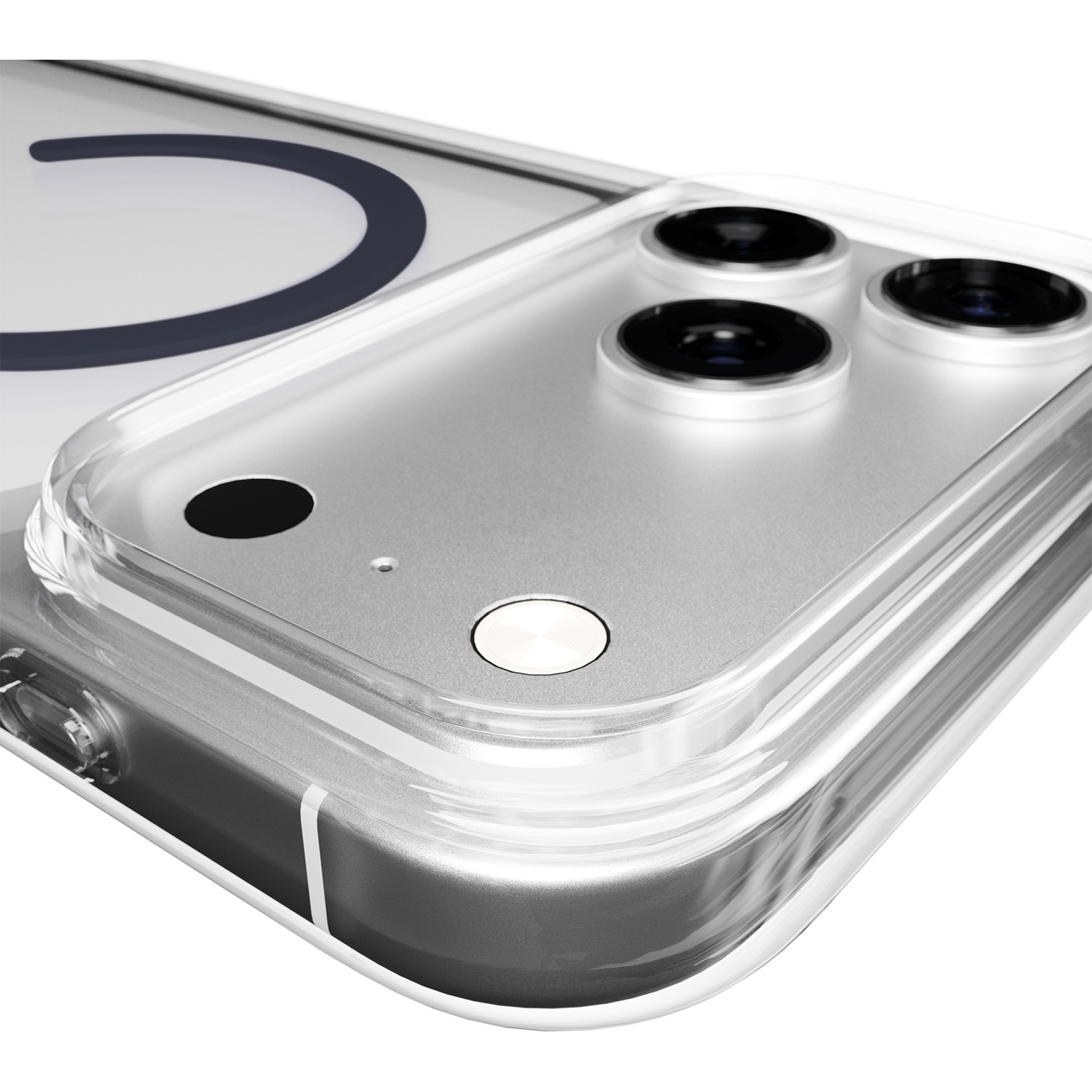 Gros plan d'une coque de téléphone transparente avec trois objectifs photo et un anneau.
