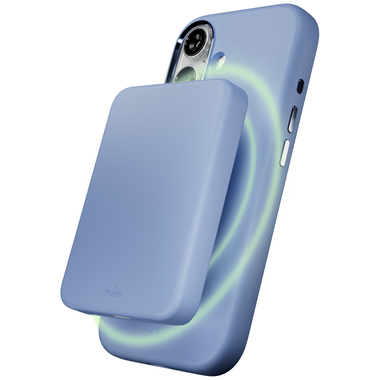 Een lichtblauwe smartphone met een afneembare powerbank in dezelfde tint.