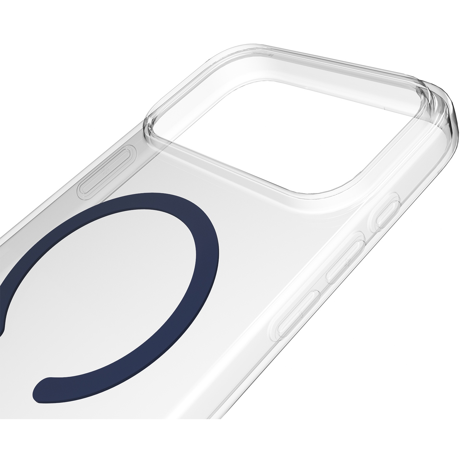 Coque de téléphone transparente avec un cercle bleu foncé à l'intérieur.