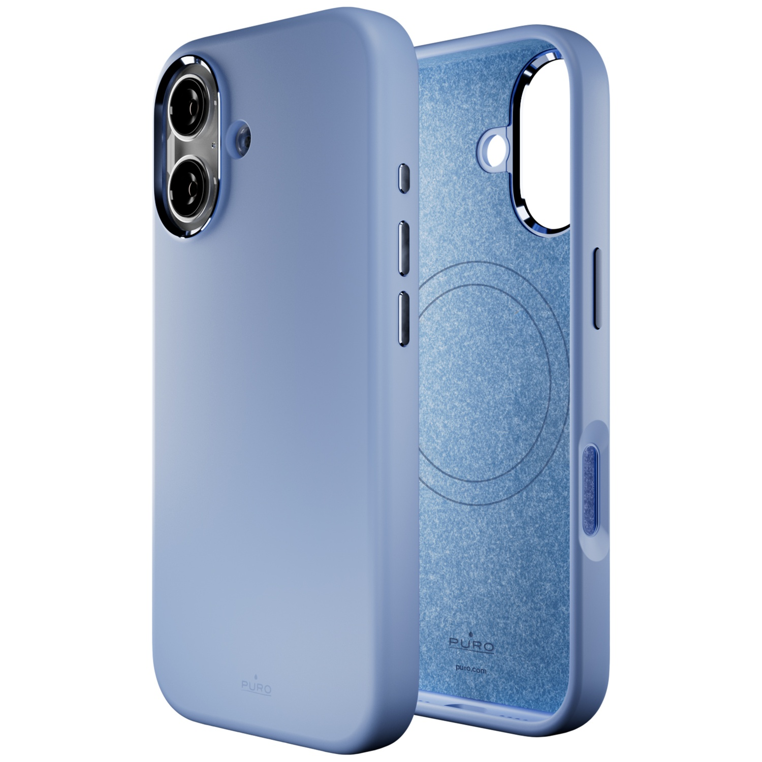 Een blauwe telefoonhoes met twee cameralensjes aan de achterkant.