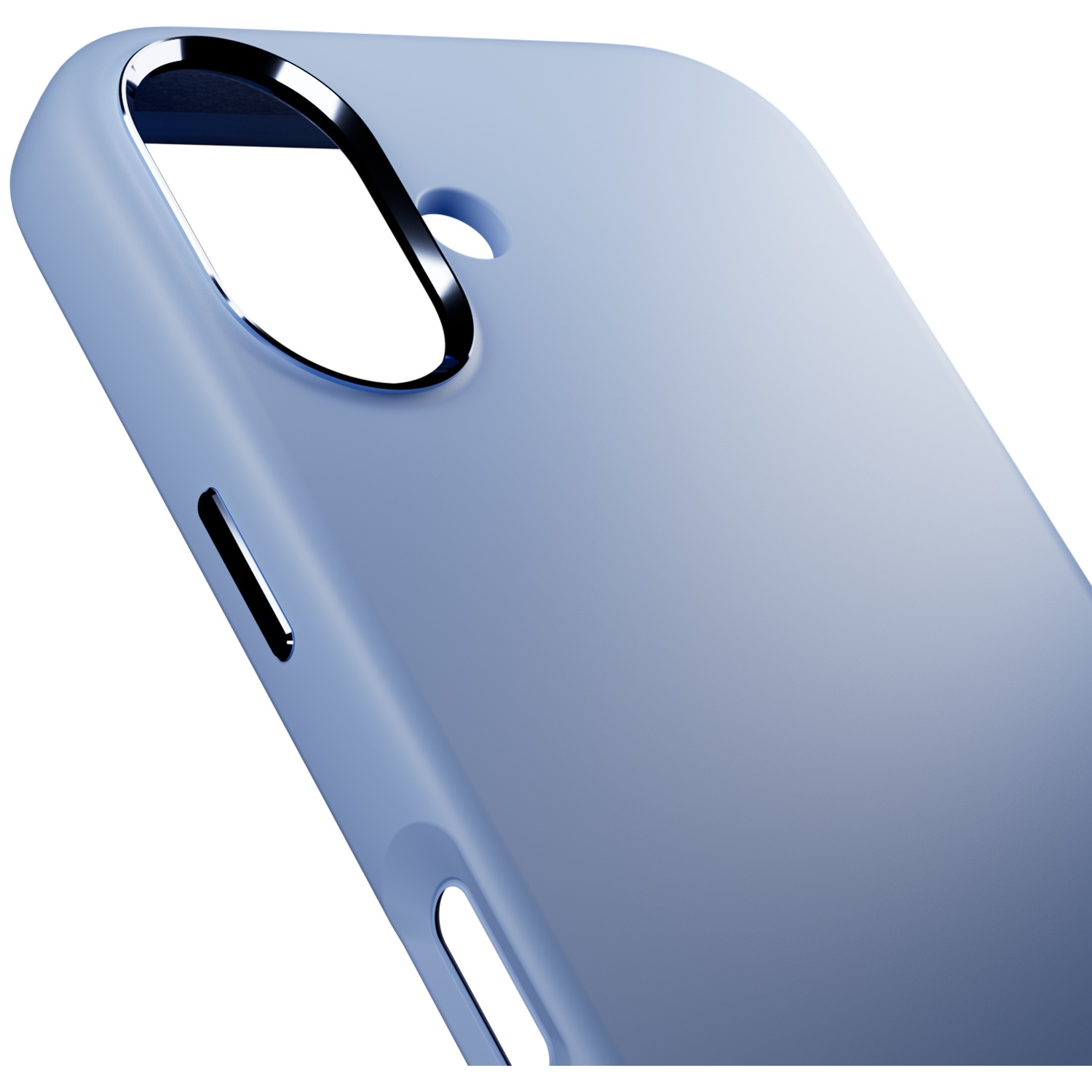 Blauwe telefoonhoes met glanzende rand en uitsparingen voor camera en knoppen.
