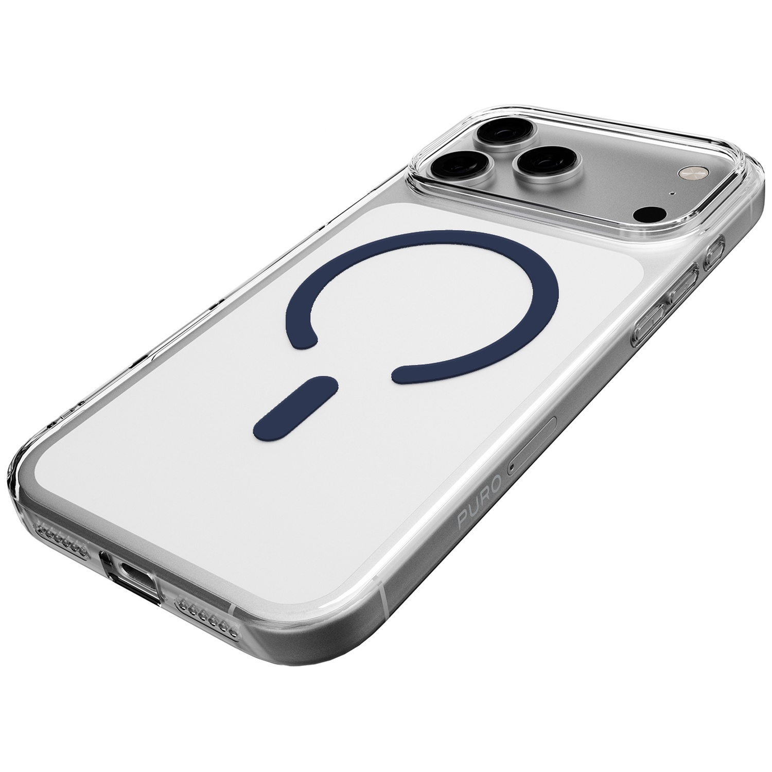 Coque de téléphone transparente avec bord argenté et anneau magnétique bleu.
