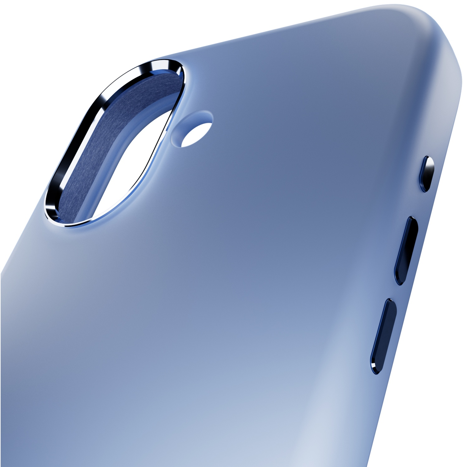 Blauwe telefoonhoes met zilveren rand rond camera-uitsparing en knoppen.