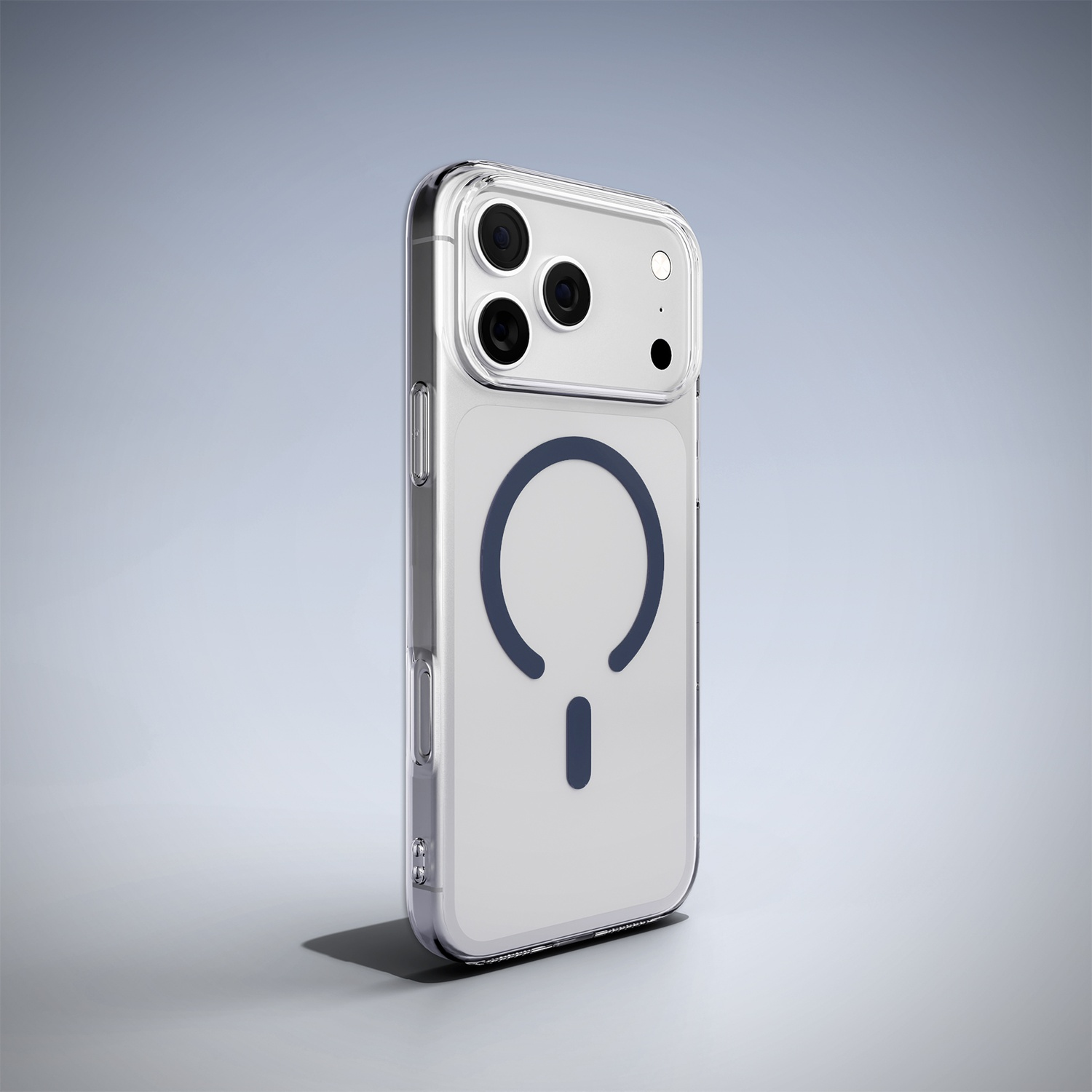 Une coque de téléphone transparente avec un anneau magnétique sur fond gris.