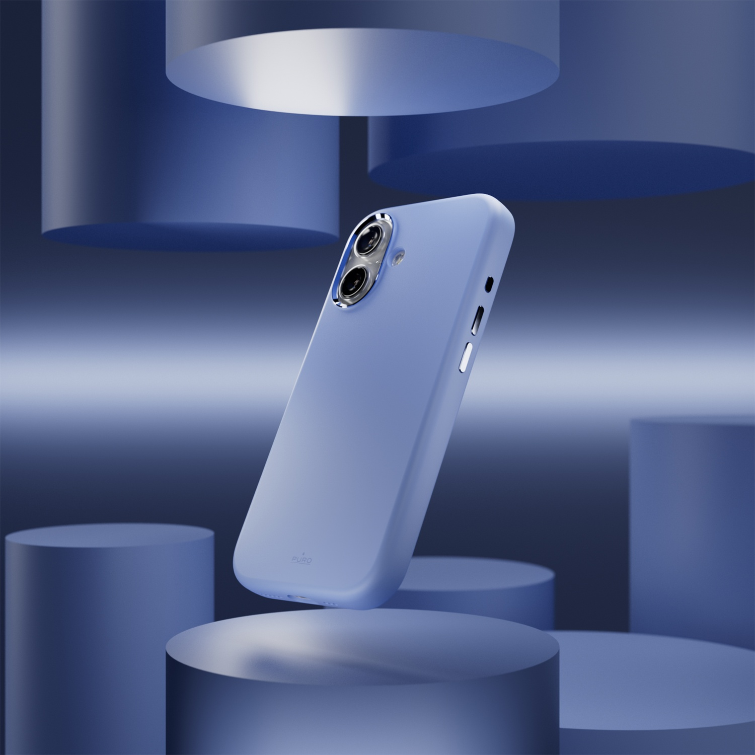 Een lichtblauwe telefoonhoes zweeft voor cilindrische blauwe sokkels.