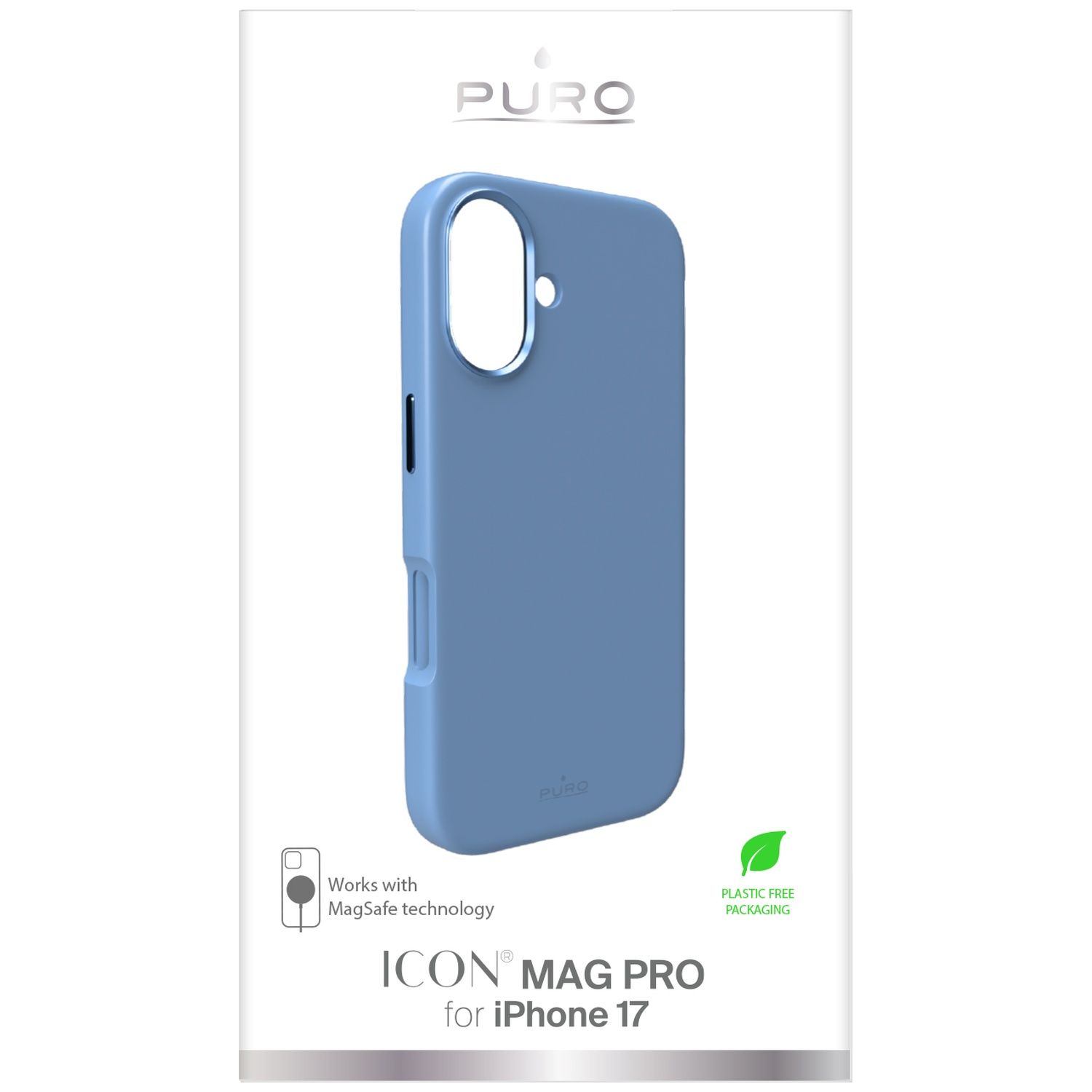 Blauwe PURO hoes voor iPhone 17 met MagSafe-compatibiliteit.