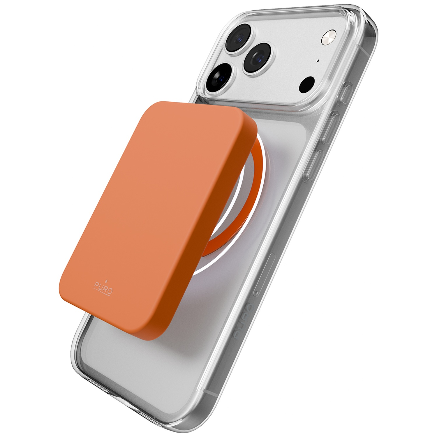 Un chargeur MagSafe orange se fixe à un étui iPhone transparent.