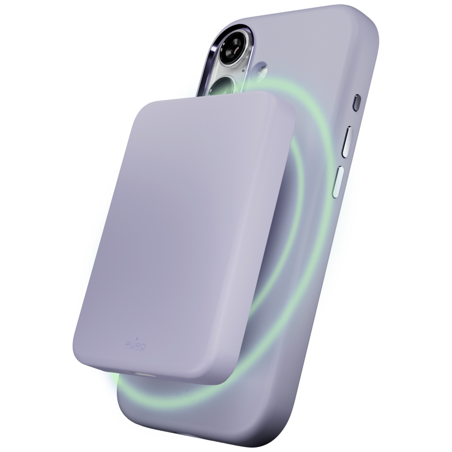 Un téléphone violet avec une batterie magnétique chargeant sans fil.