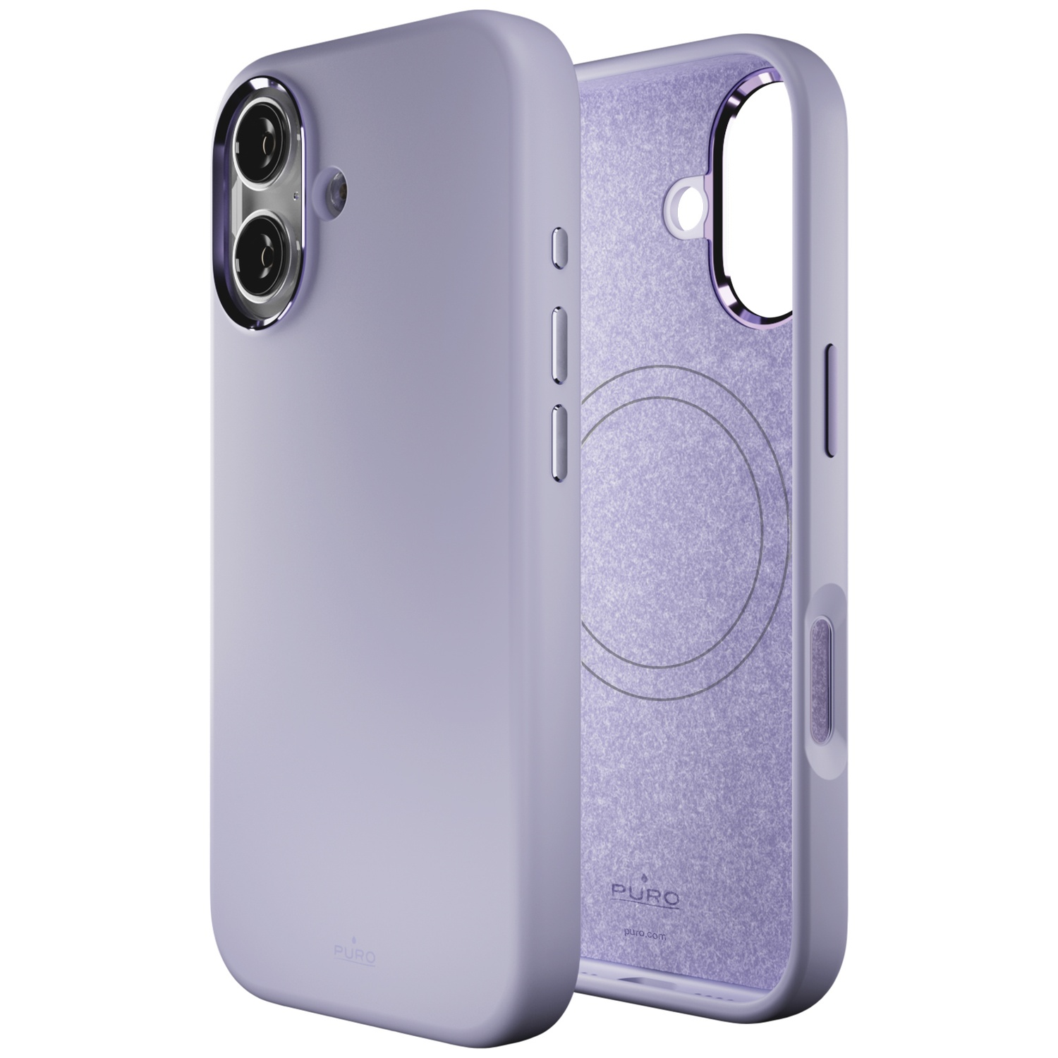 Une coque de téléphone violet clair avec deux trous pour appareil photo et un logo Puro.
