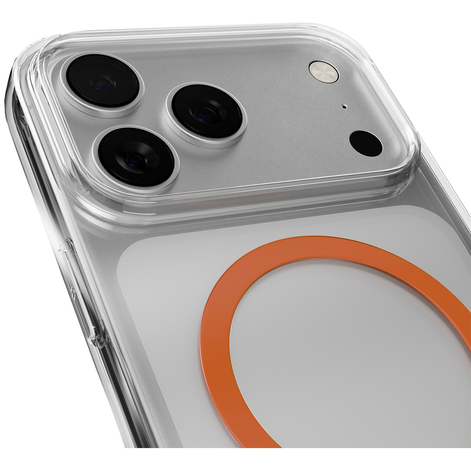 Coque transparente montrant trois objectifs de caméra et un anneau orange.