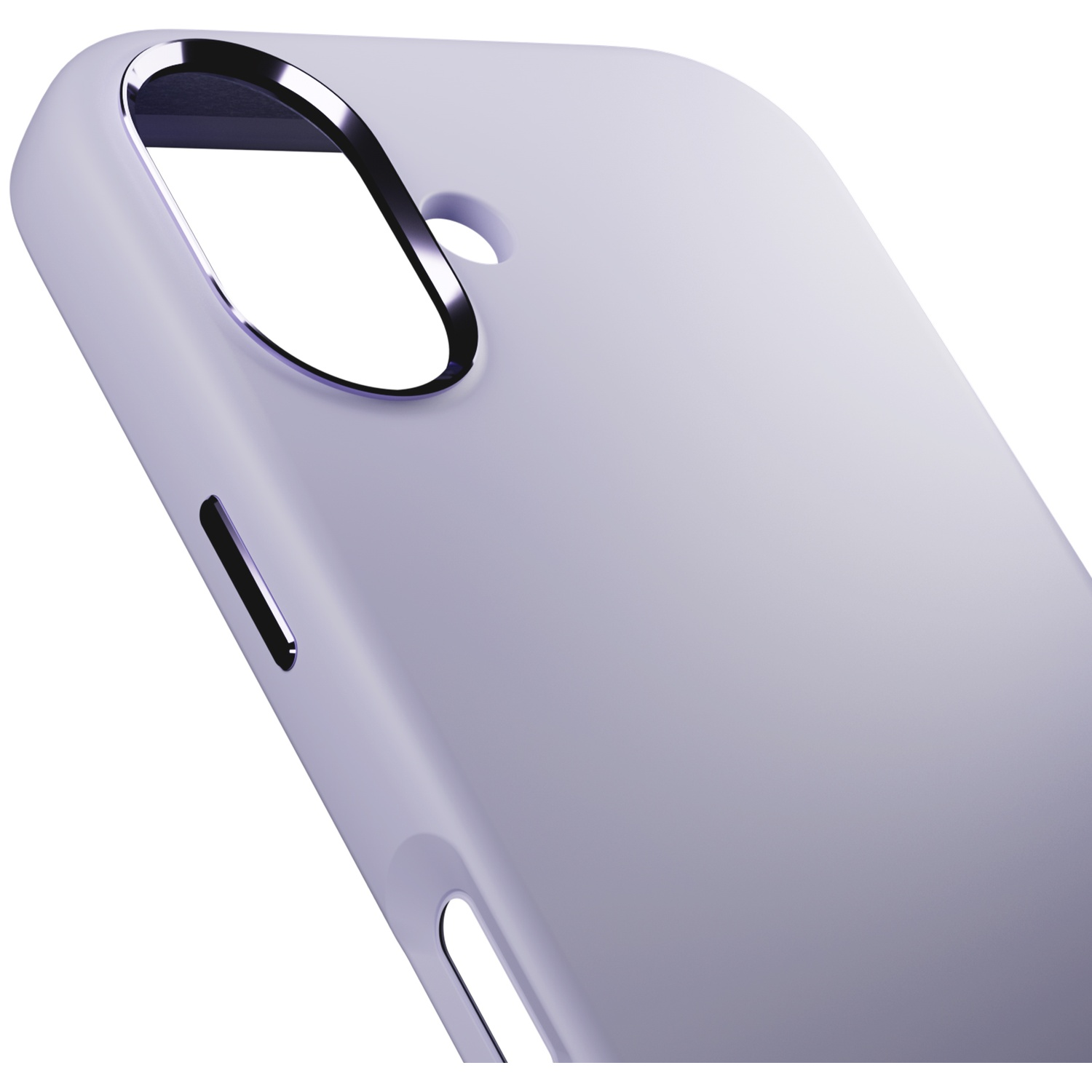 Une coque de téléphone violette claire avec un bord brillant et une découpe caméra.
