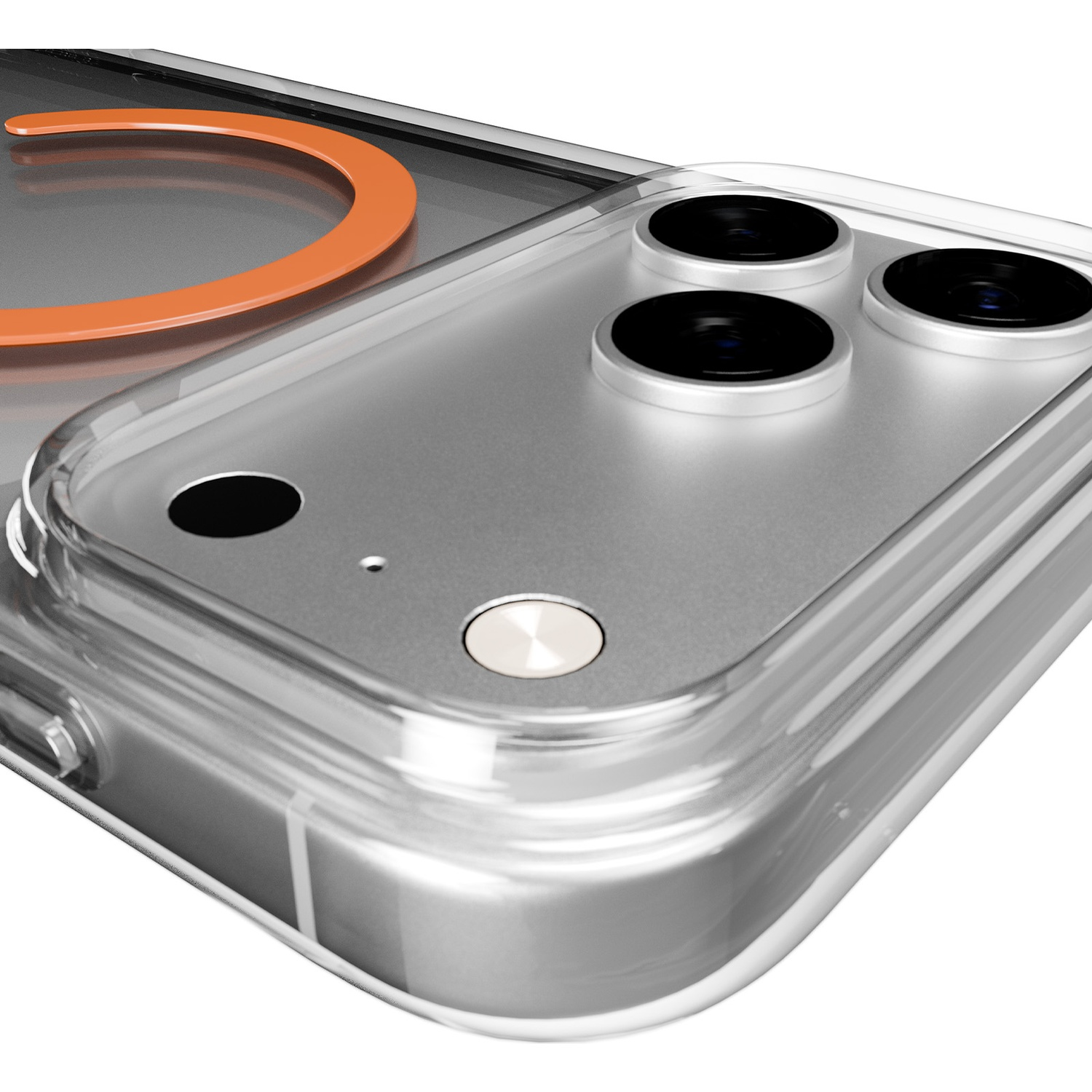 Une coque de téléphone transparente montrant trois caméras et un anneau orange.
