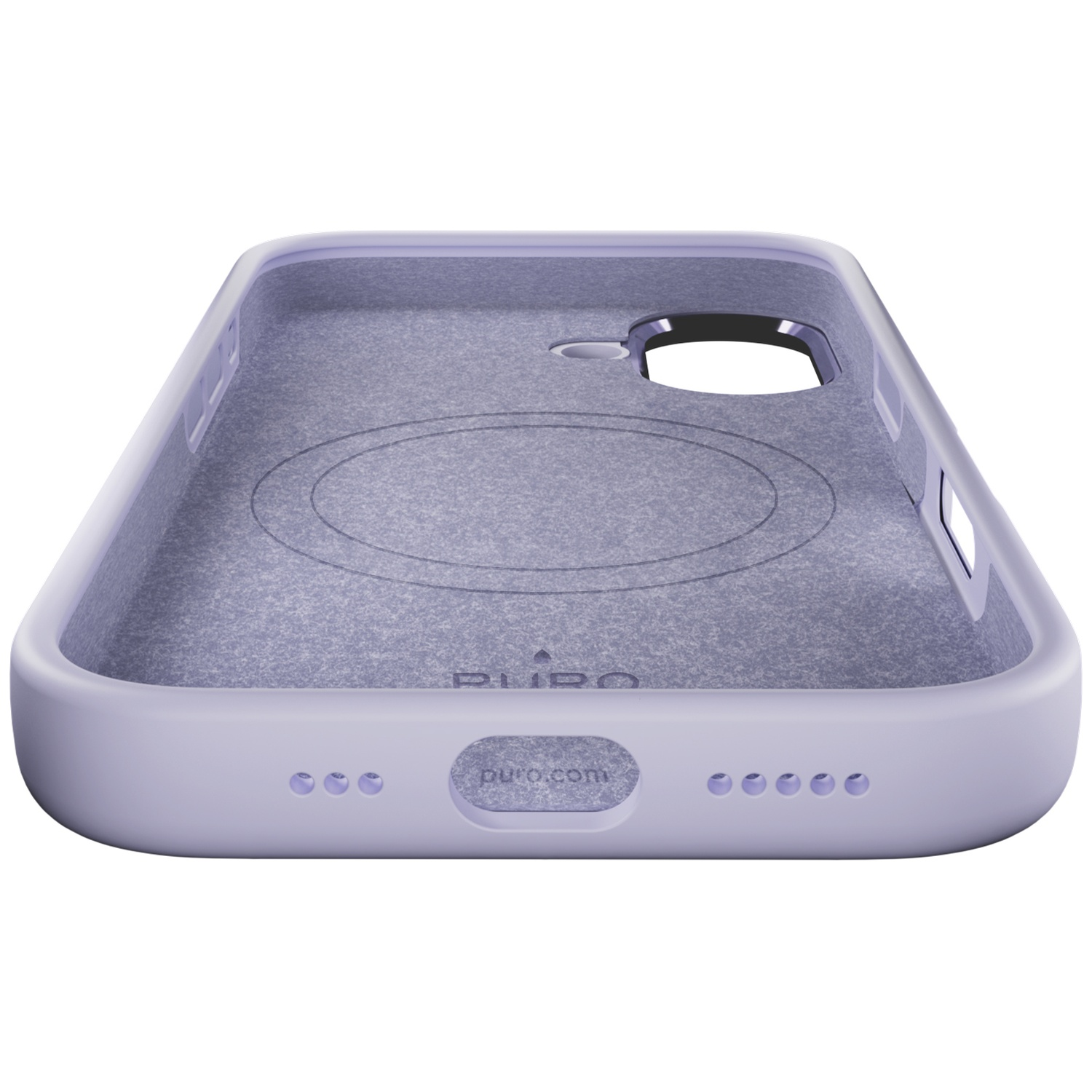 Coque de téléphone violet clair avec intérieur en feutre gris, montrant des découpes.