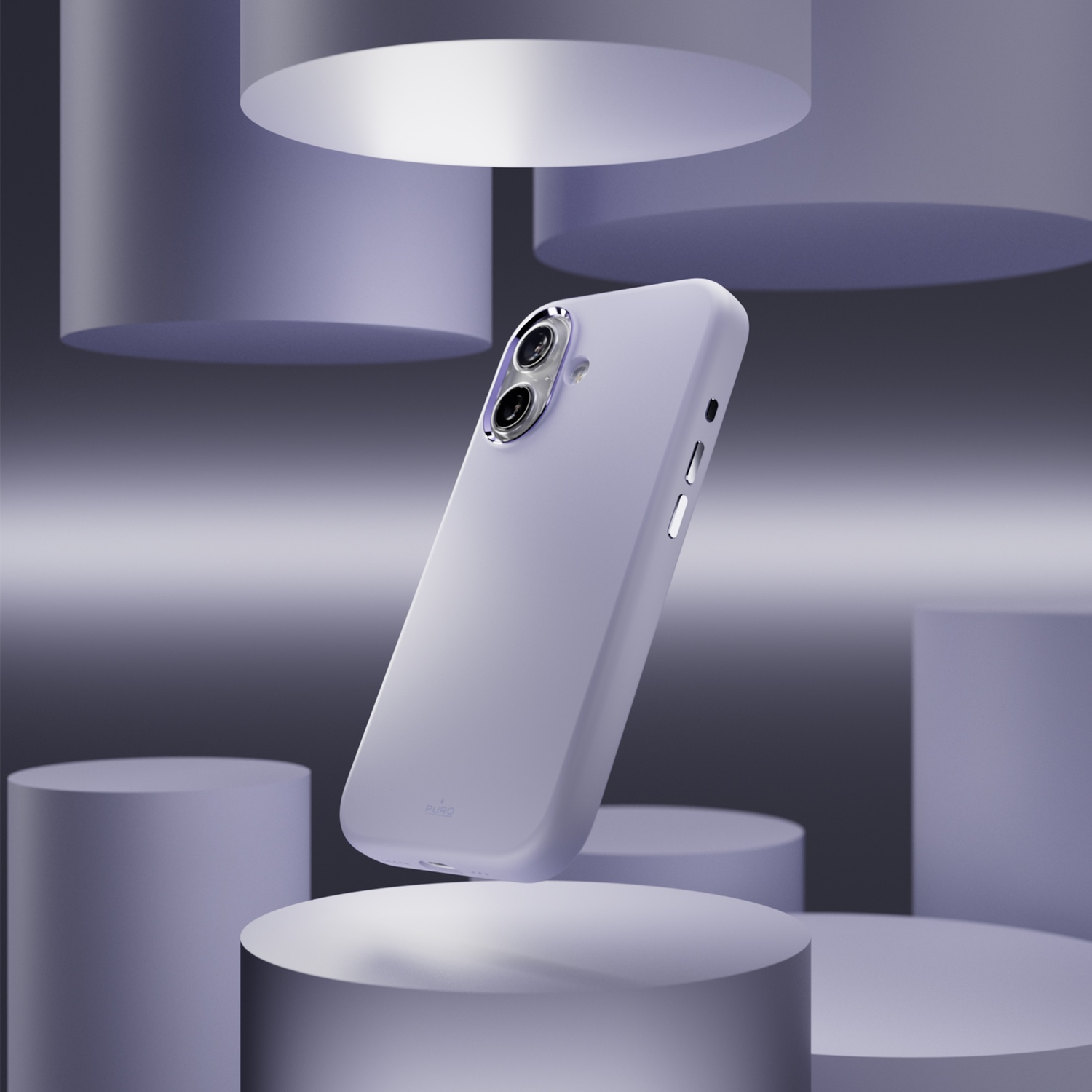 Une coque de téléphone violette flotte sur des socles cylindriques.