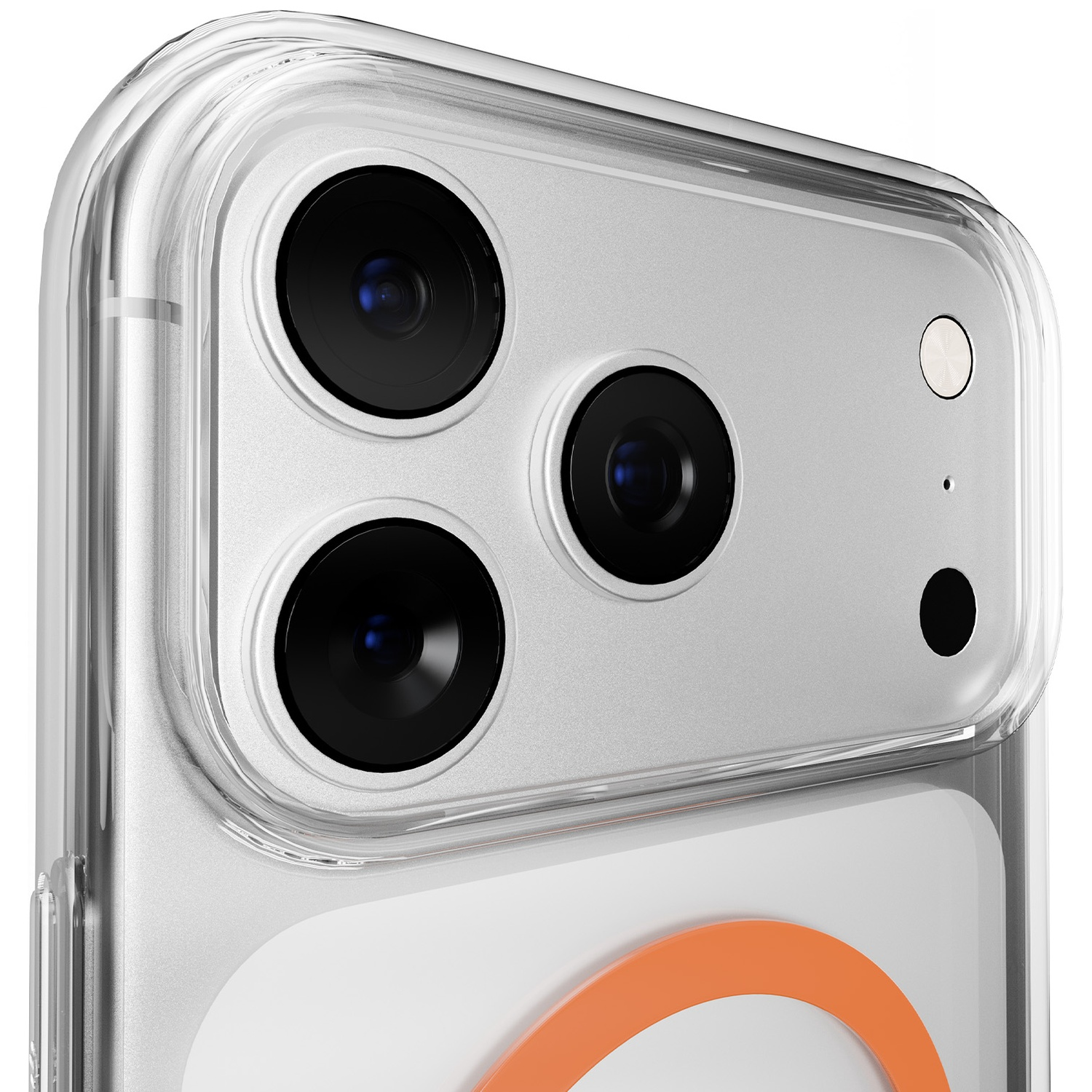 Gros plan de l'arrière d'un téléphone avec trois caméras et flash, dans une coque transparente.