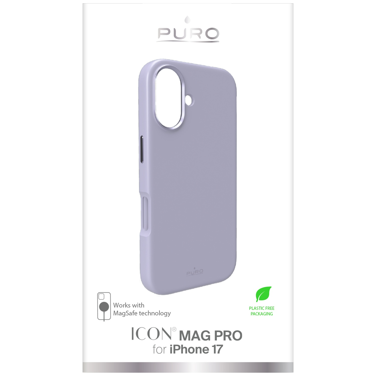 Coque Puro lilas pour iPhone 17 compatible MagSafe, emballage sans plastique.