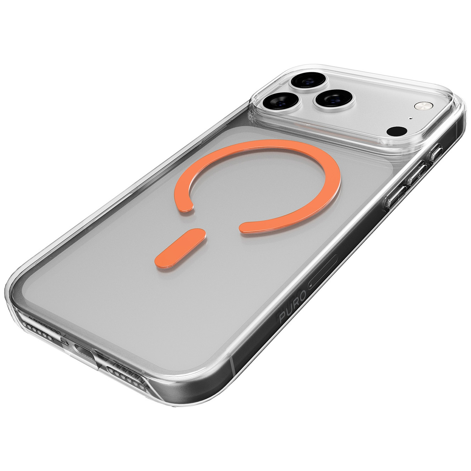 Coque de téléphone transparente avec anneau et barre orange.