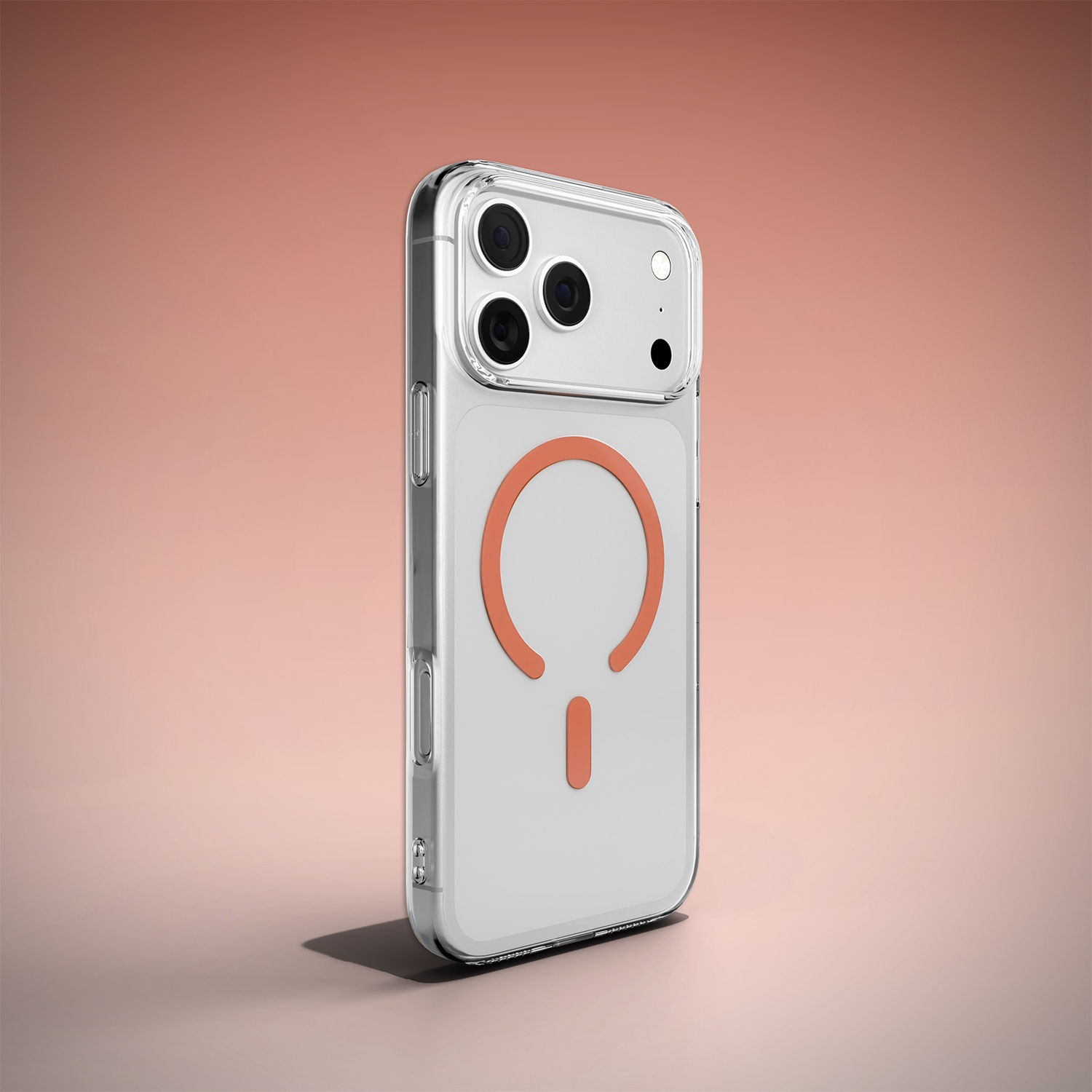 Une coque de téléphone transparente avec un cercle orange sur fond blanc.