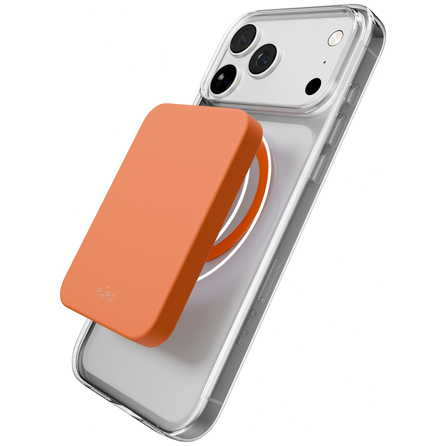 Un chargeur magnétique orange est attaché au dos d'une coque iPhone transparente.