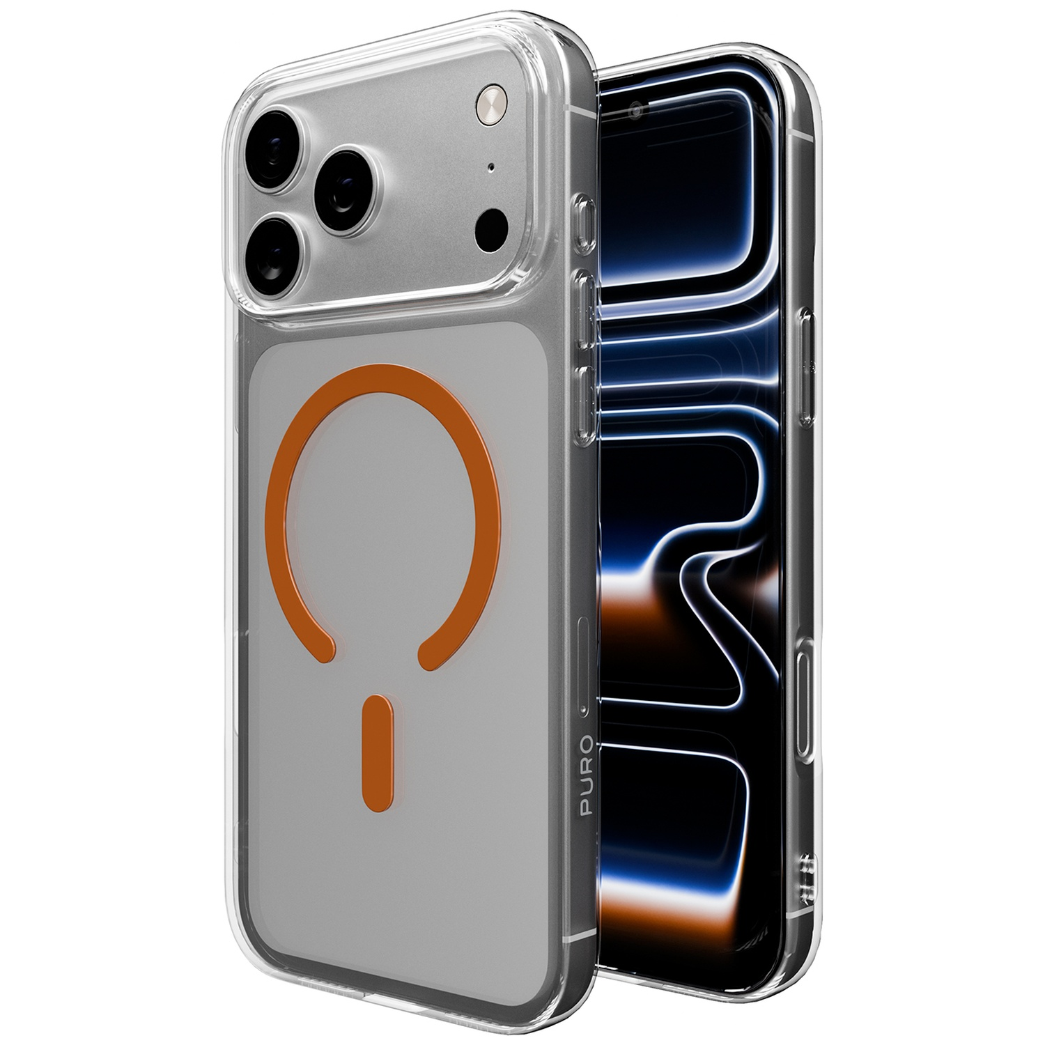 Une coque de téléphone transparente avec un anneau magnétique orange au dos.