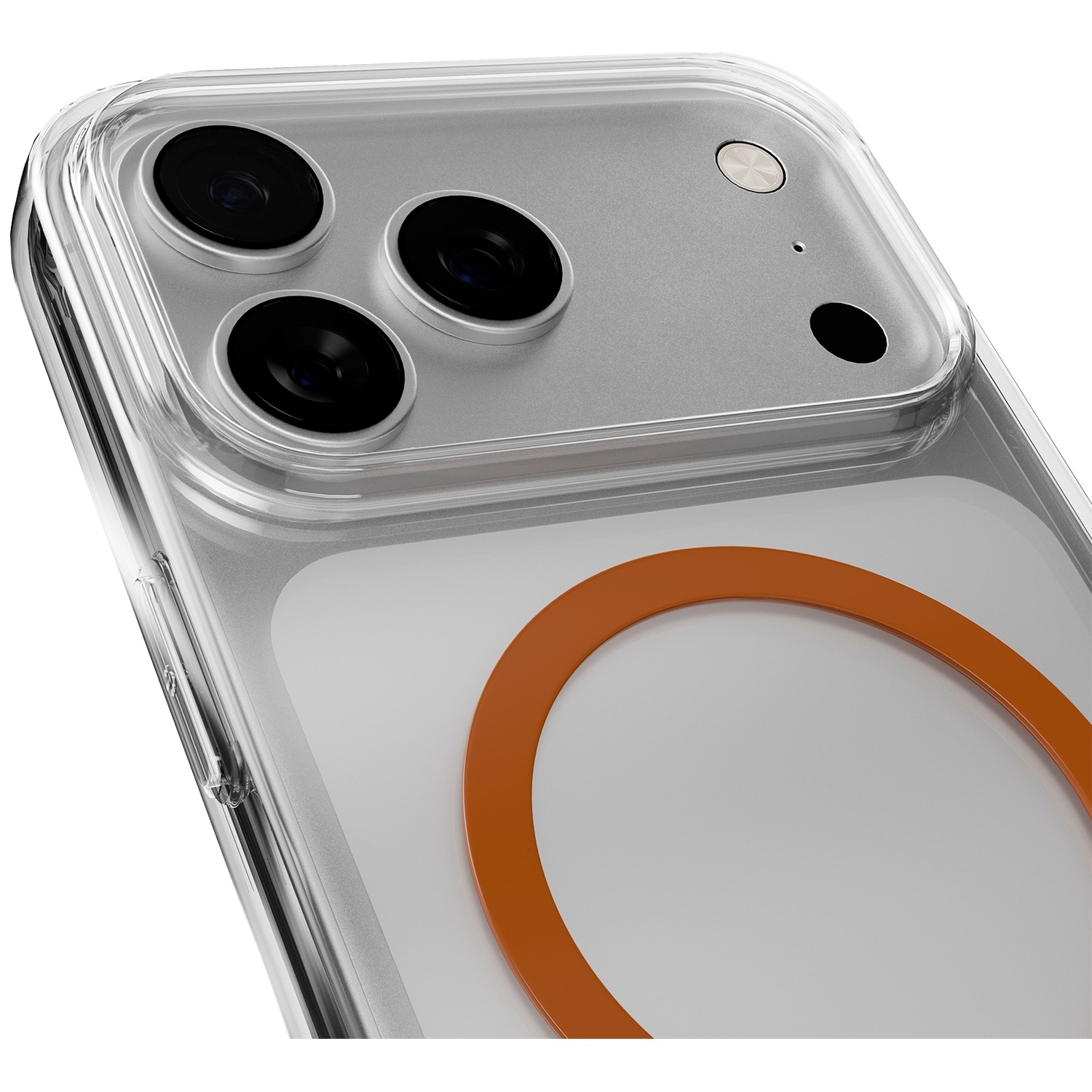 Arrière d'une coque de téléphone transparente avec trois caméras et un anneau orange.