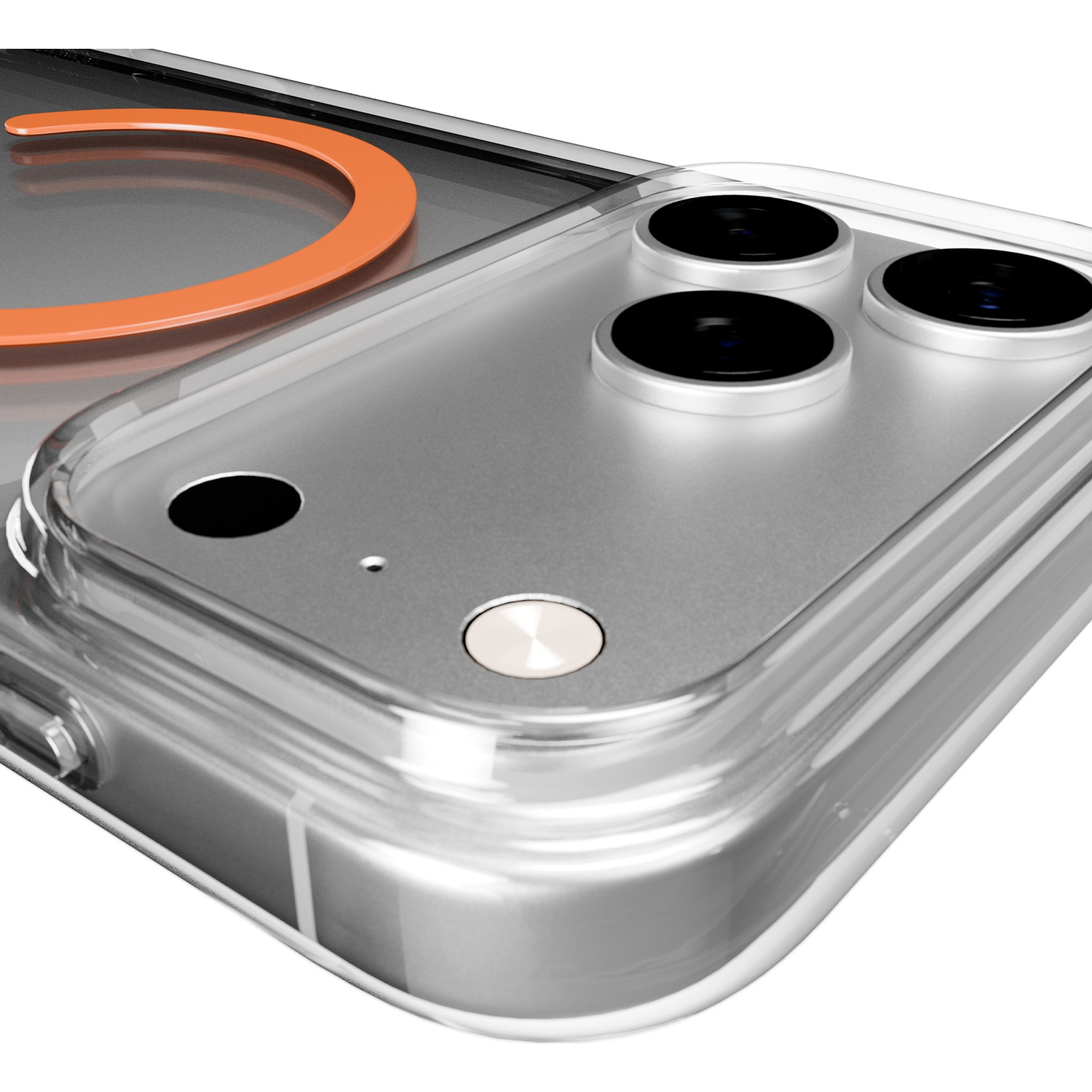 Gros plan d'une coque de téléphone transparente avec trois caméras et un anneau orange.