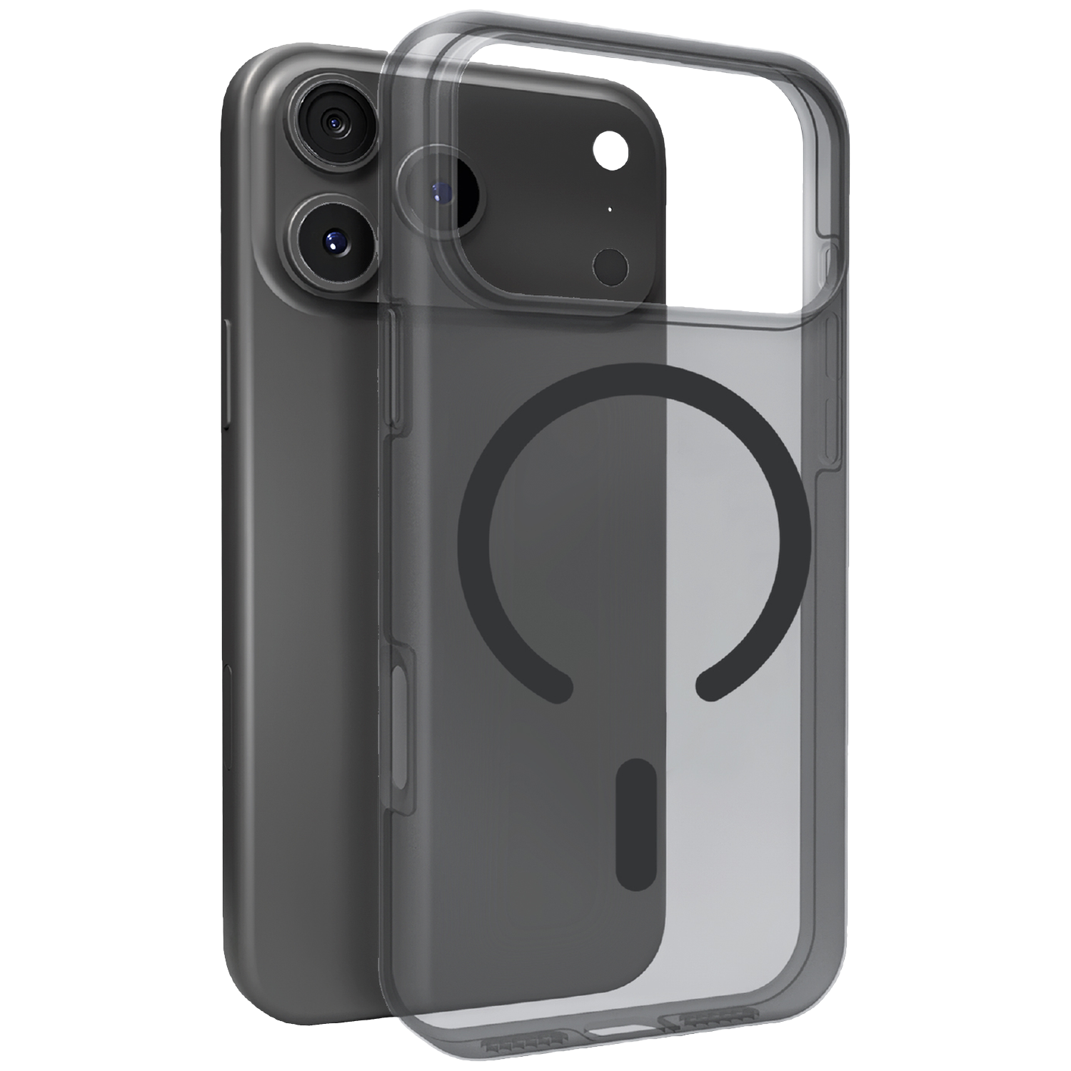 Un smartphone sombre avec un étui transparent montrant un motif circulaire.