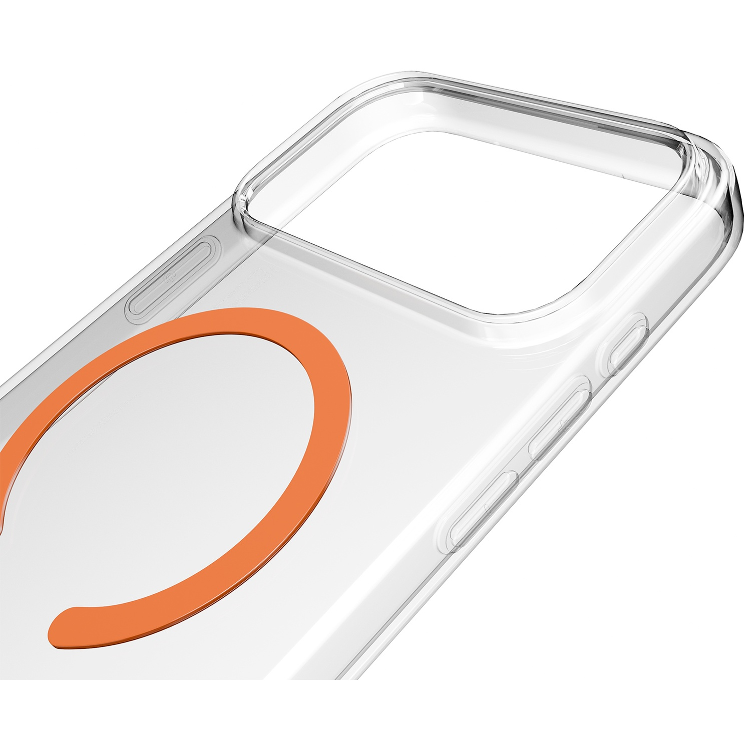 Coque de téléphone transparente avec un anneau orange.