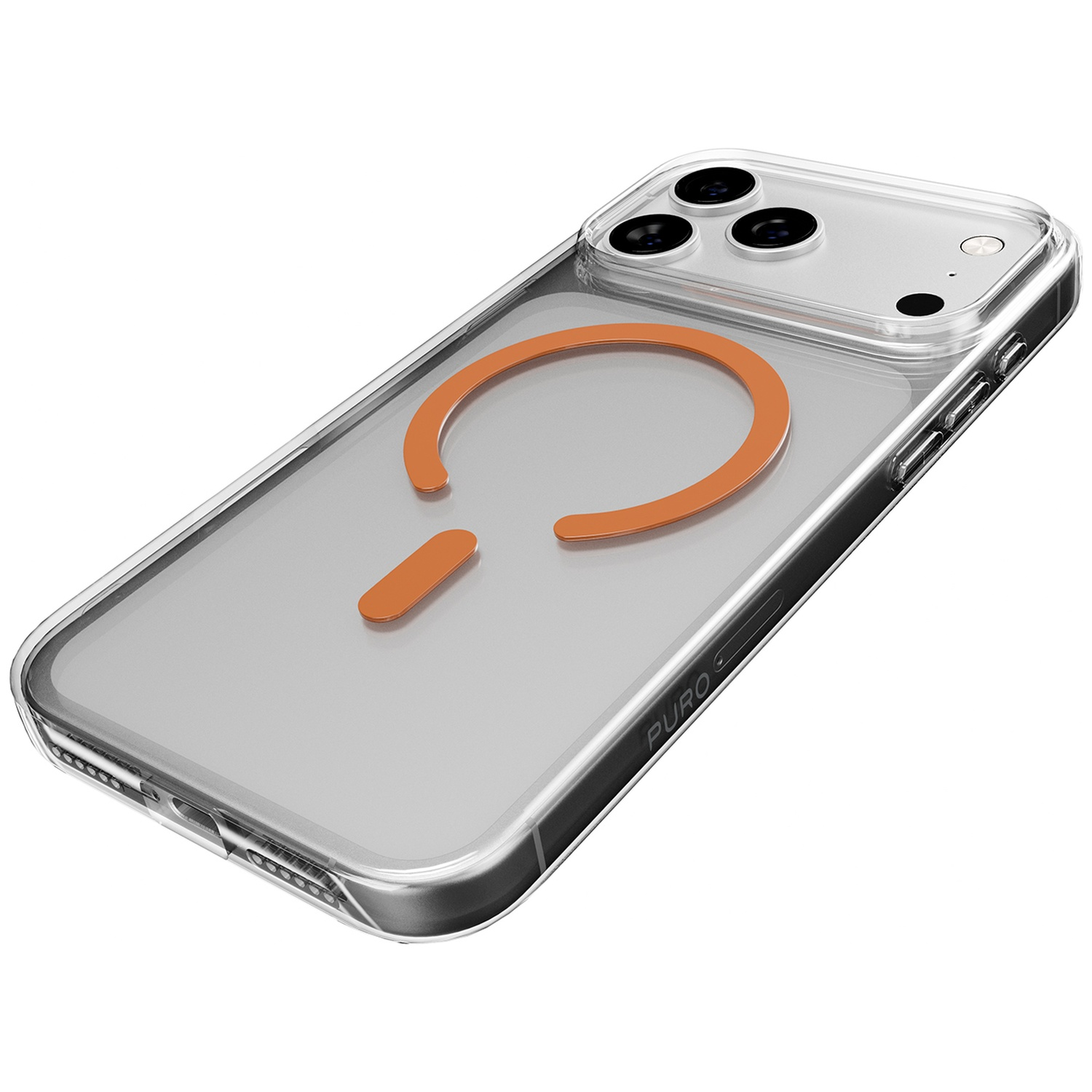 Coque de téléphone transparente avec anneau magnétique orange.
