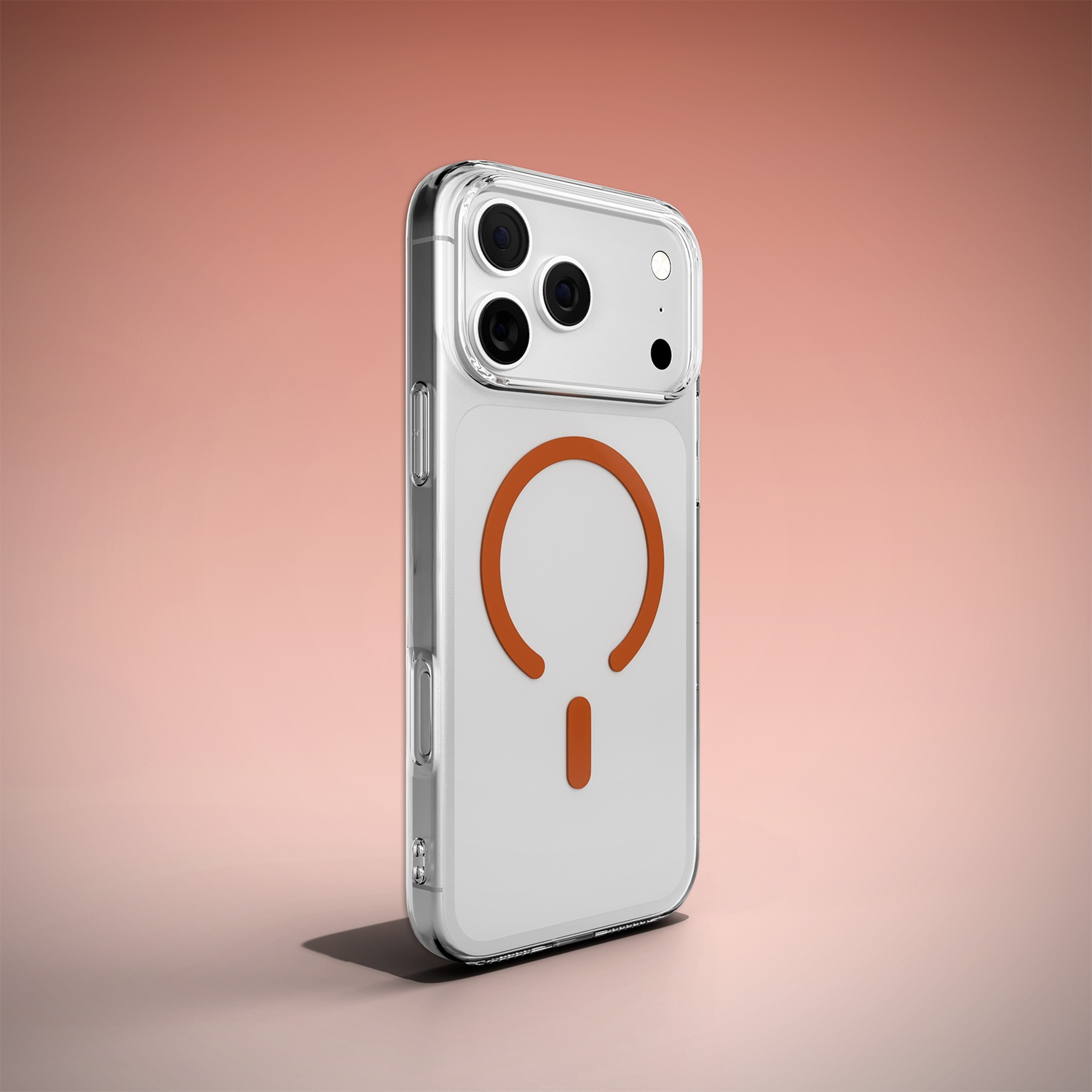 Une coque de téléphone transparente avec un cercle magnétique orange.