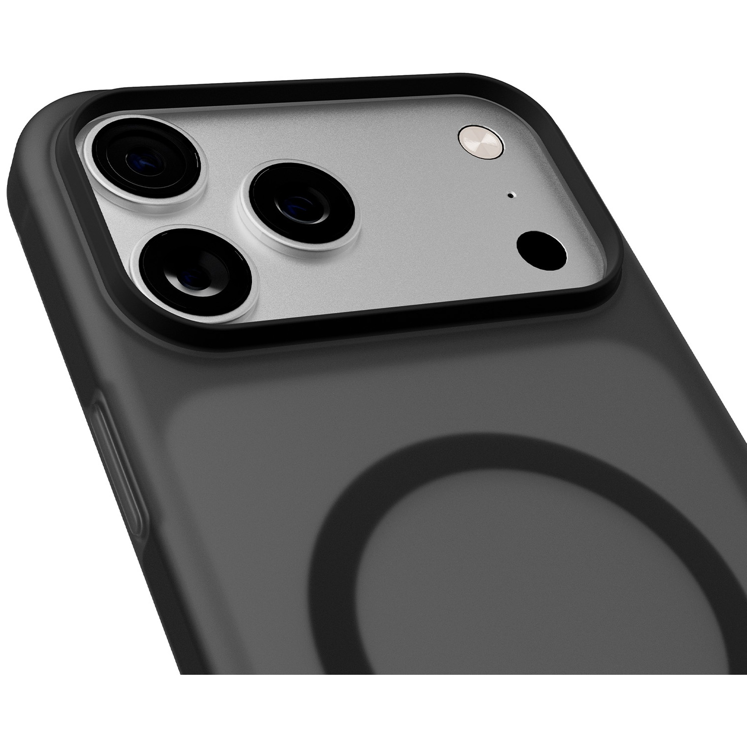 Gros plan d'un étui de téléphone noir montrant trois objectifs et un flash.