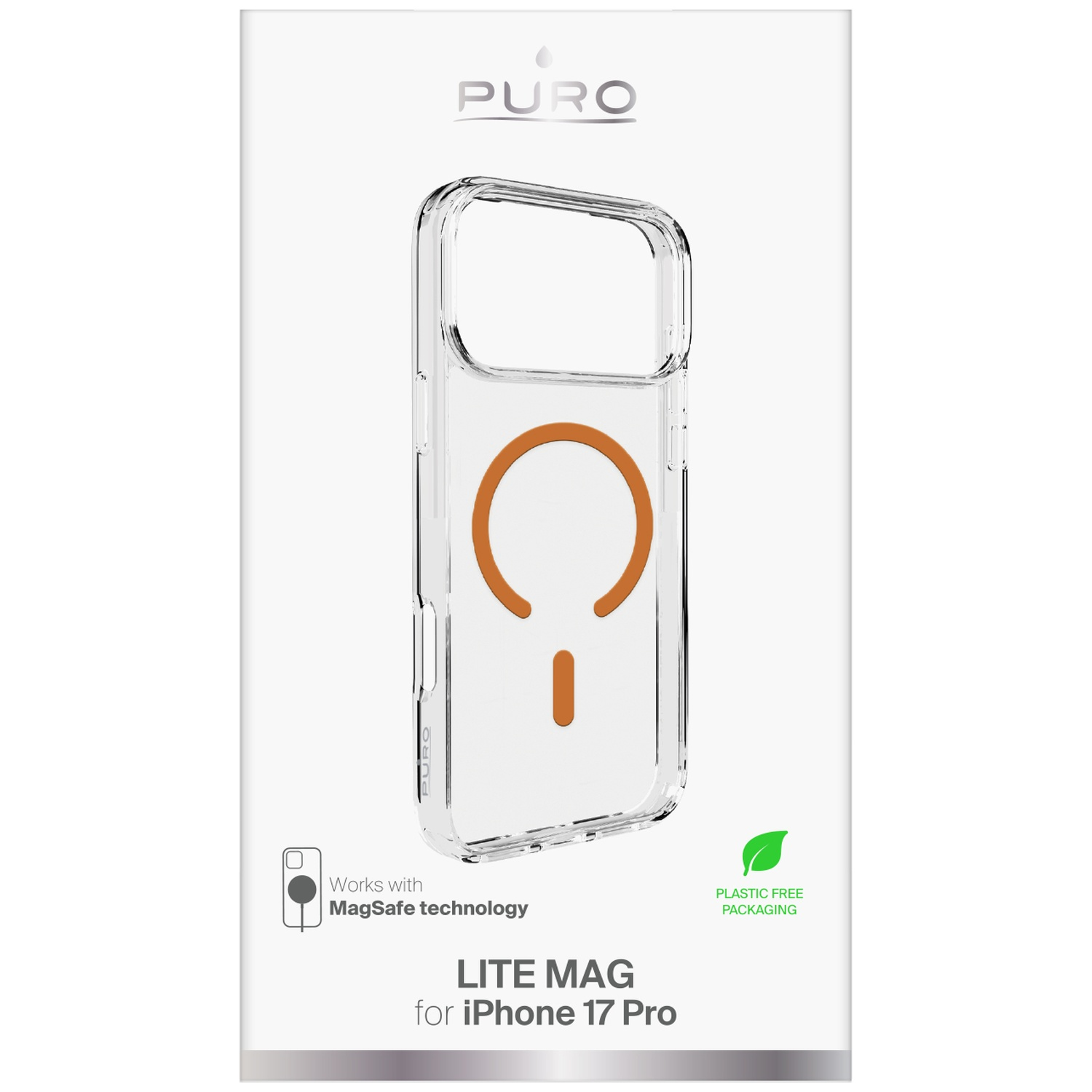 Coque transparente pour iPhone 17 Pro avec technologie MagSafe et cercle orange.
