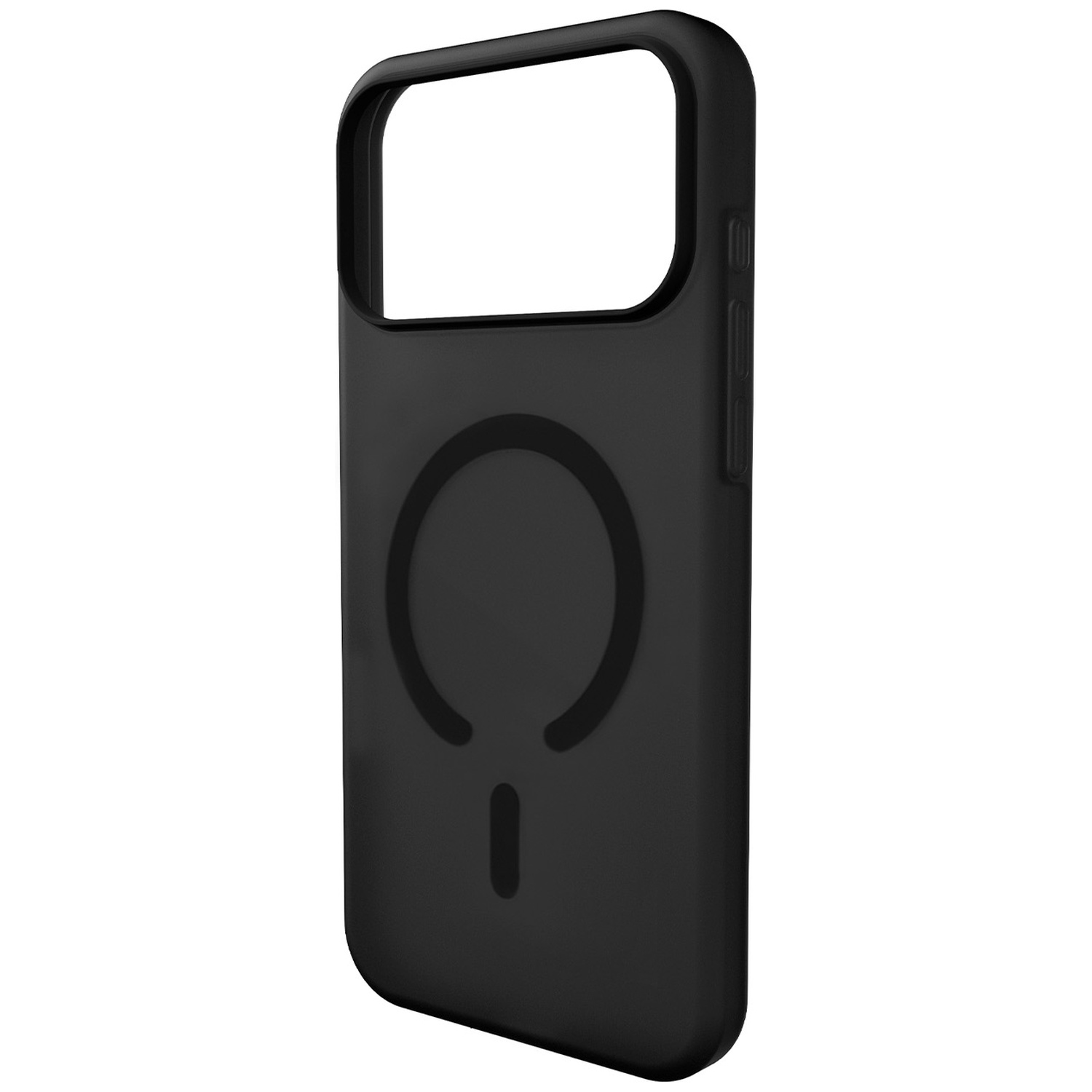 Coque de téléphone noire avec motif circulaire et découpe caméra.