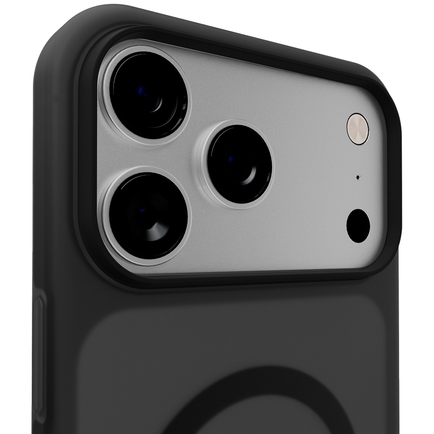 Gros plan d'un étui de téléphone noir avec trois objectifs.