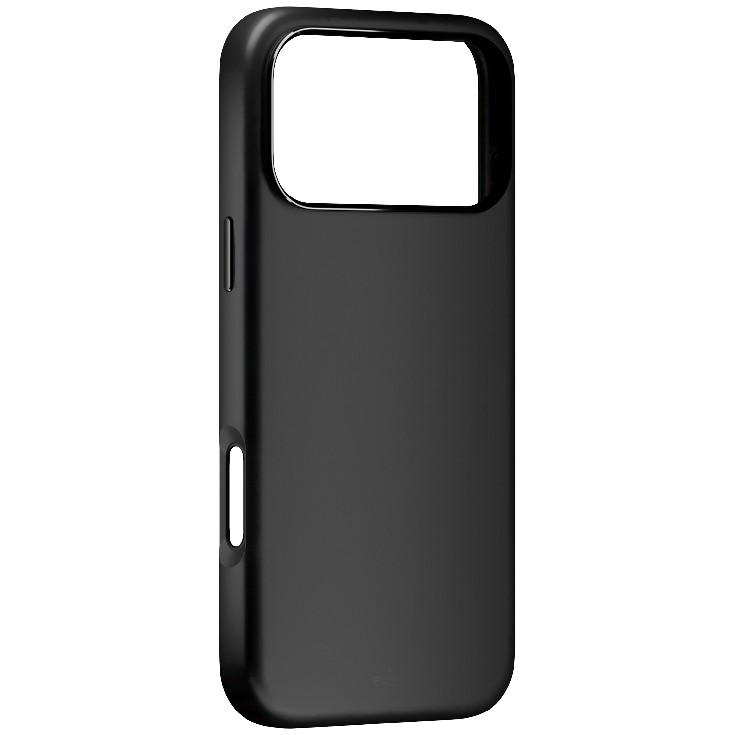 Coque de téléphone noire avec grande découpe caméra et découpes boutons sur le côté.